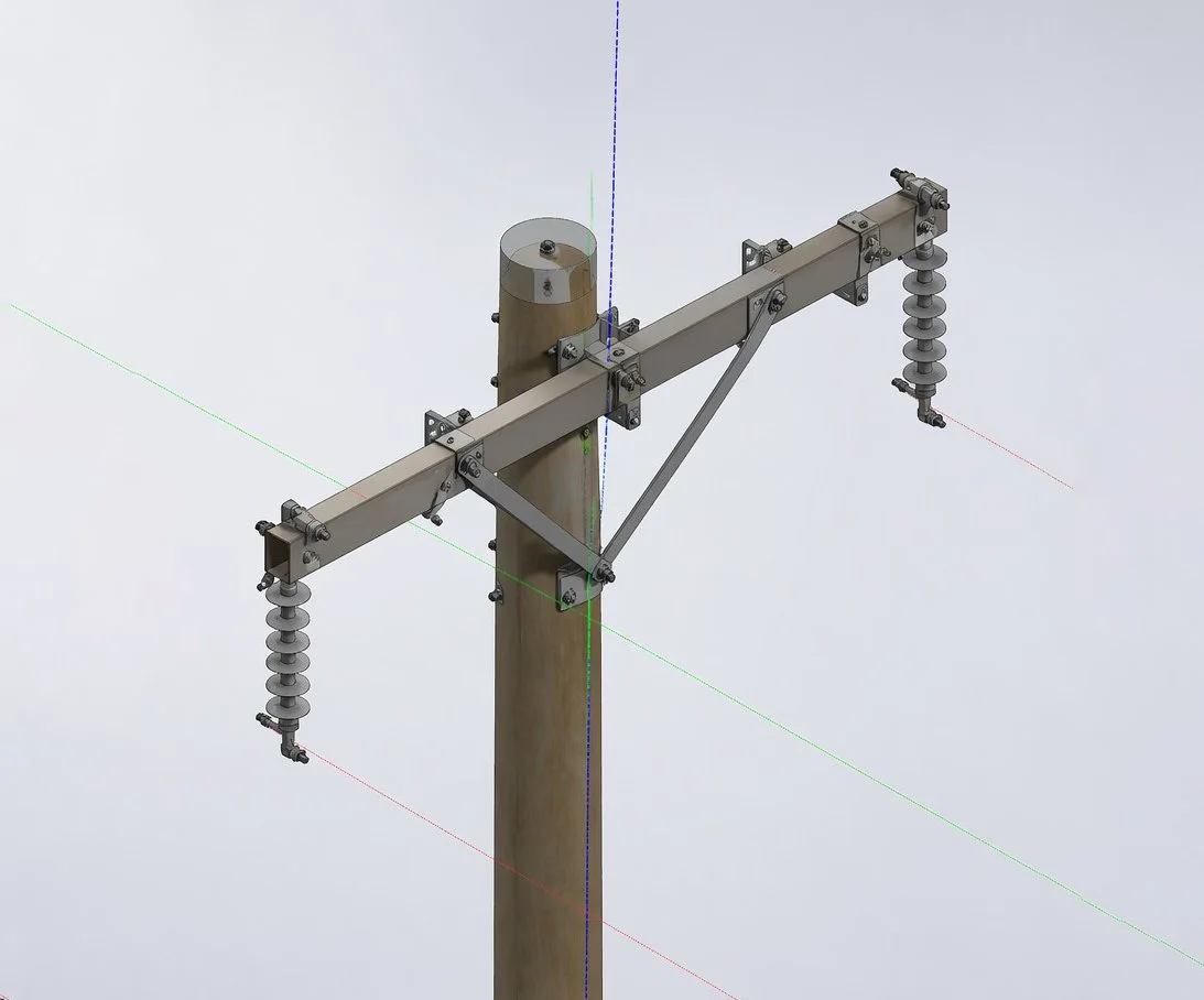 A digital illustration of an electrical utility pole with insulators and crossarms.