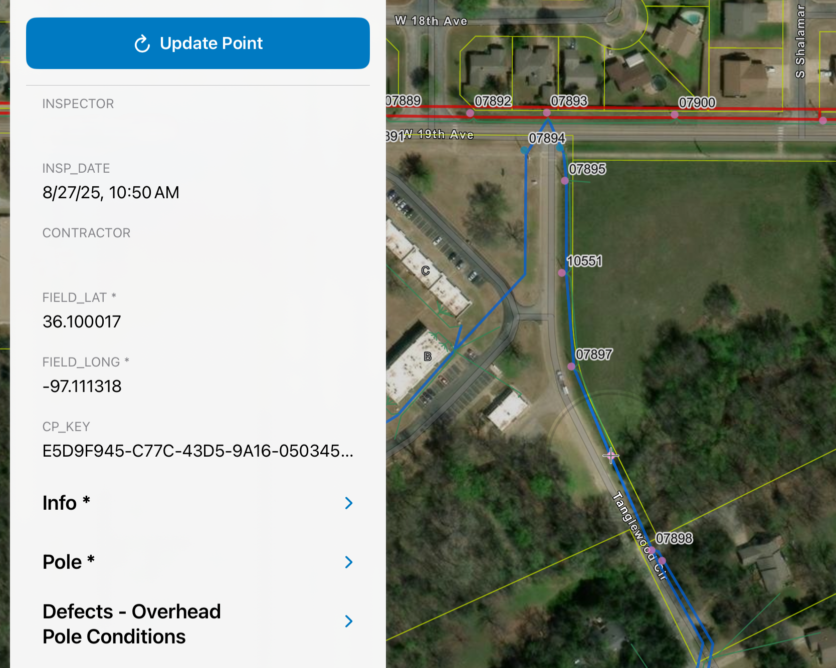 Aerial view of a park or green space with pathways, trees, and nearby residential buildings. Maps and inspection data are overlaid on the image.