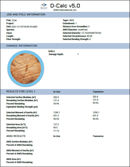 A report titled 'D-Calc v5.0' from EDM International, Inc., showing job and pole information, damage data for a shell with depth 1, and results for level 1 including measurements in inches and in square inches, along with ANSI results and angles.