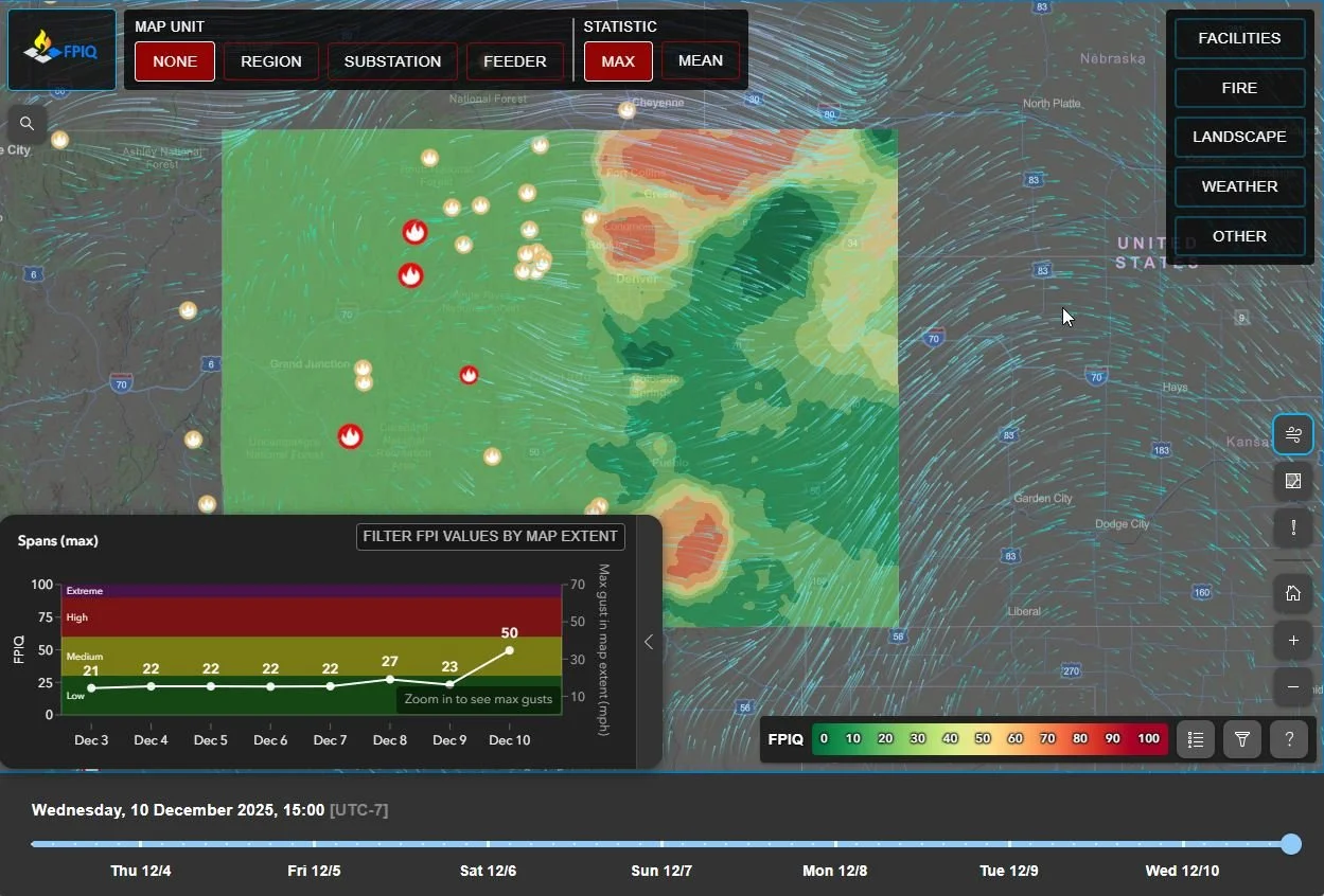 A weather and wildfire monitoring map showing fire activity with icons, wind patterns, and fire danger levels across a region, including a graph of Fire Potential Index (FPI) over several days.