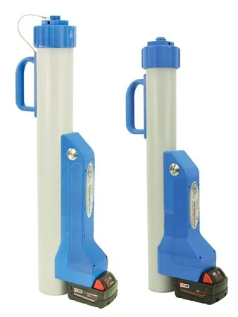 Two water filtration units with blue and white plastic bodies, each with a handle and a detachable base, set against a plain background.