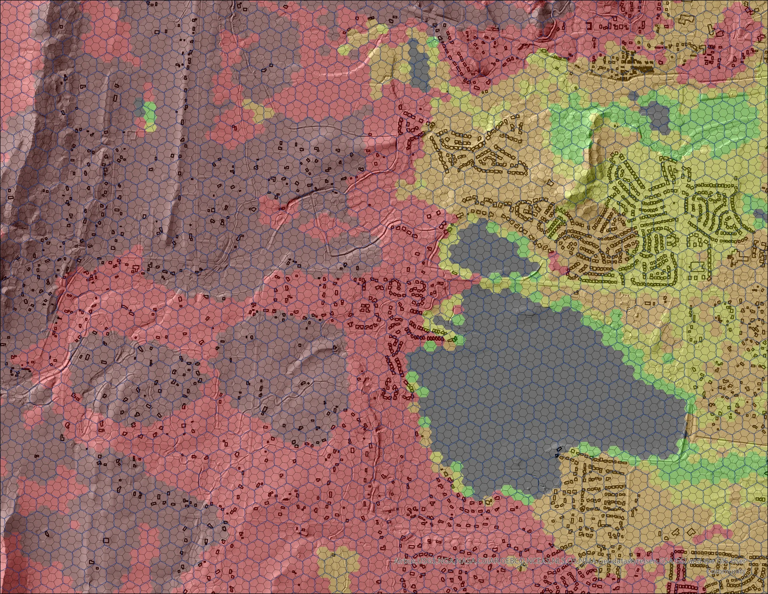 A geological map displaying a landscape with several bodies of water, including a large lake and smaller ponds, covered with colored overlays and contour lines, and overlaid with a hexagonal grid.
