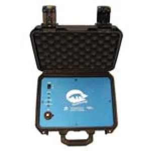 Open black protective case with foam interior, containing a blue aquatic research device with a fish logo and two attached sensors or probes.