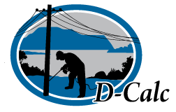 Silhouette of a person fishing by a lake with trees and mountains in the background, under a partly cloudy sky, with the text 'D-Calc'.