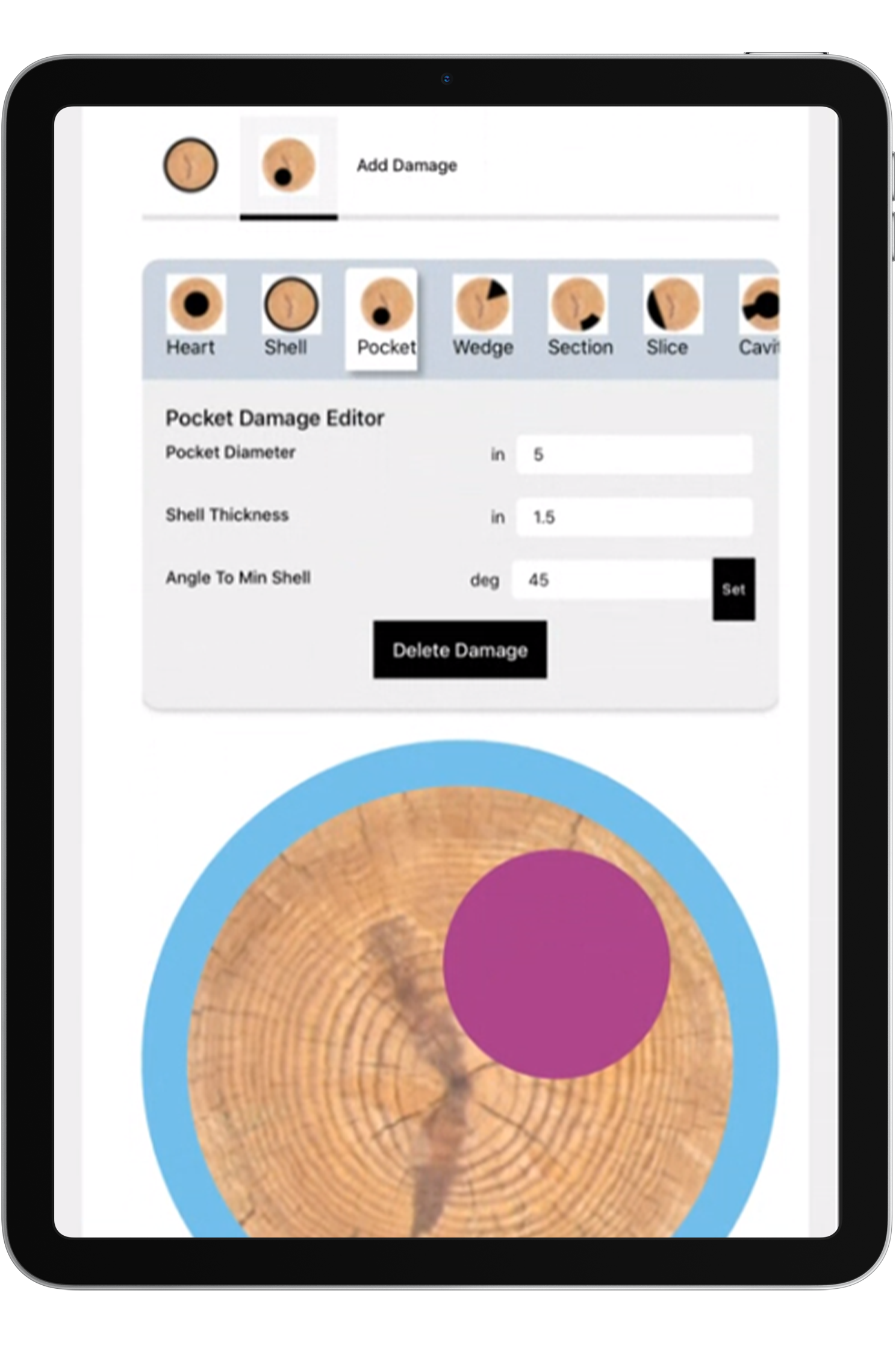Tablet screen displaying a wood texture with an overlay of a purple circle, and a user interface for editing damage details, including options for pocket damage, shell thickness, and angle to min shell.