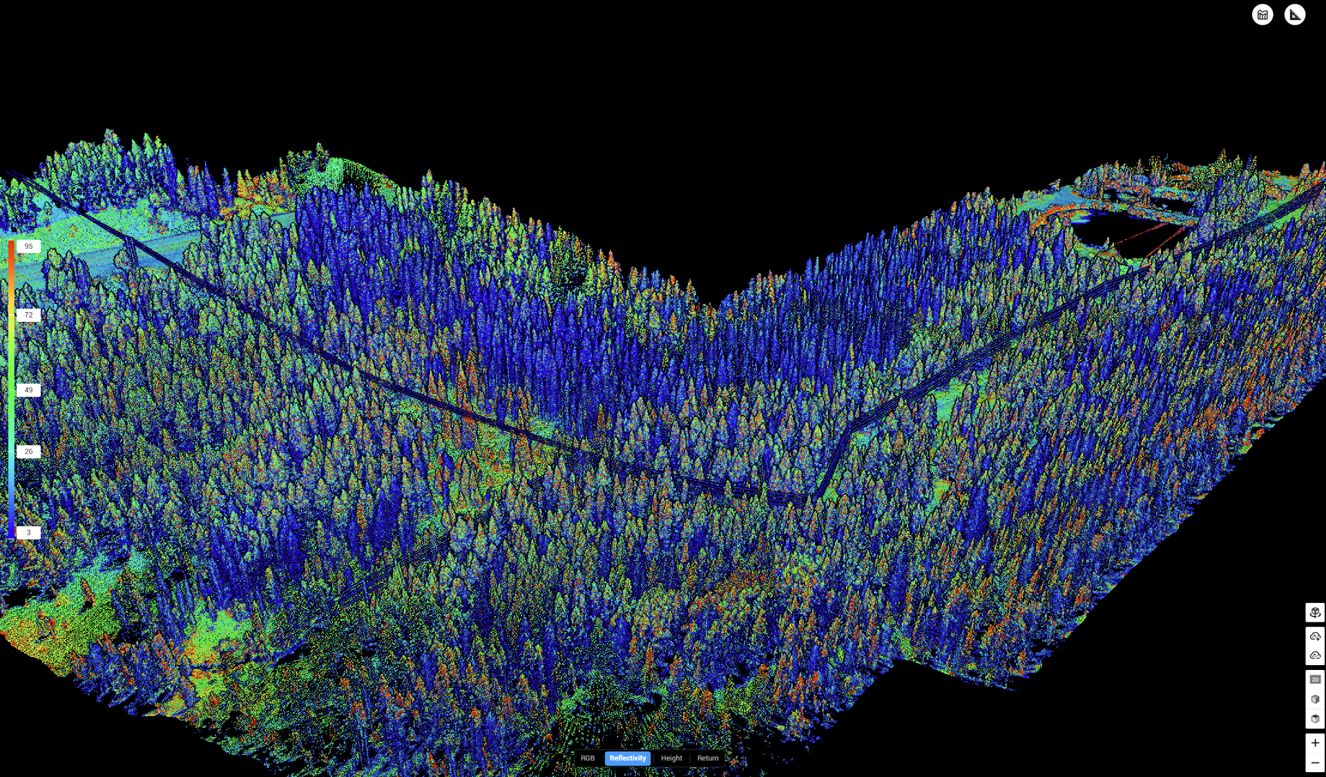 Color-coded 3D terrain map of a forested area showing elevation levels with a pathway cutting through the woods and a small body of water in the distance.