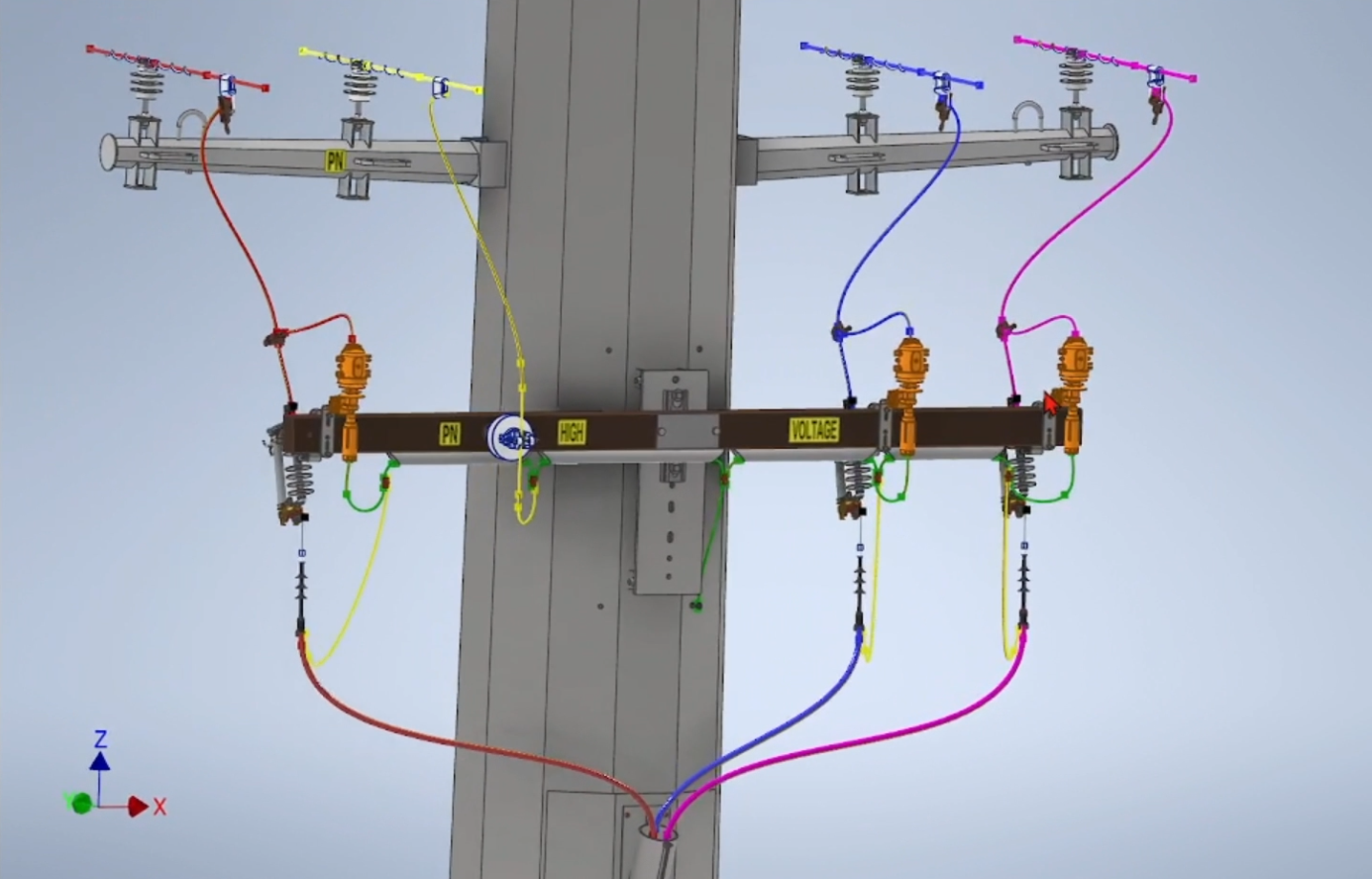 Electrical wiring and components mounted on a utility pole, with color-coded wires and transformers, and labels indicating PN, HIGH, and VOLTAGE.