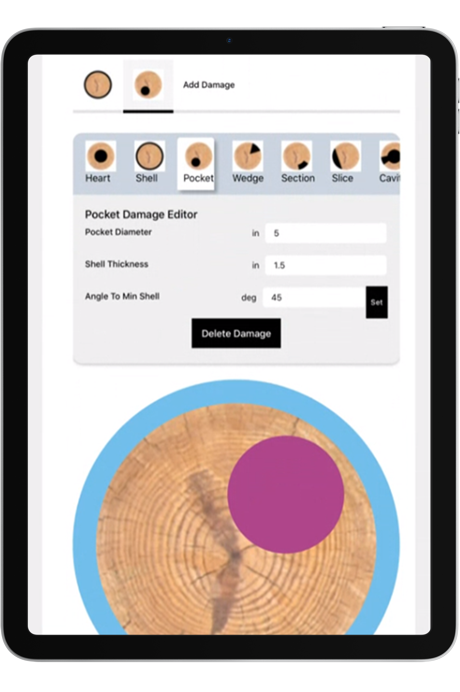 Tablet screen showing a wood texture with purple damage marks, interface options for adding damage to a wood surface, including different damage types, size, shell thickness, and angle, with a 'Delete Damage' button.