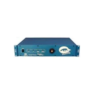 A blue electronic device, likely a rack-mountable audio or networking equipment with a logo of a fish.