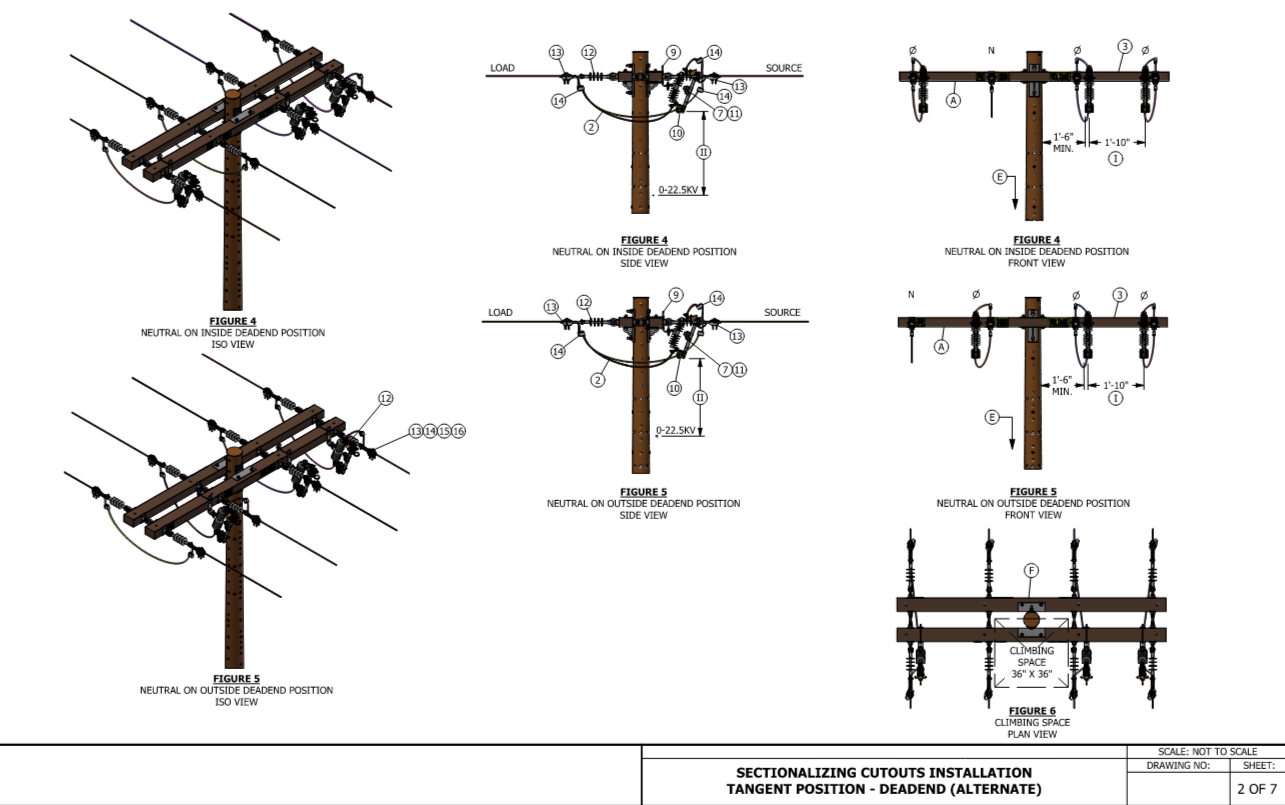 Technical engineering diagram of a utility pole with electrical components, showing side, front, and plan views, including detailed labels and measurements for installation.