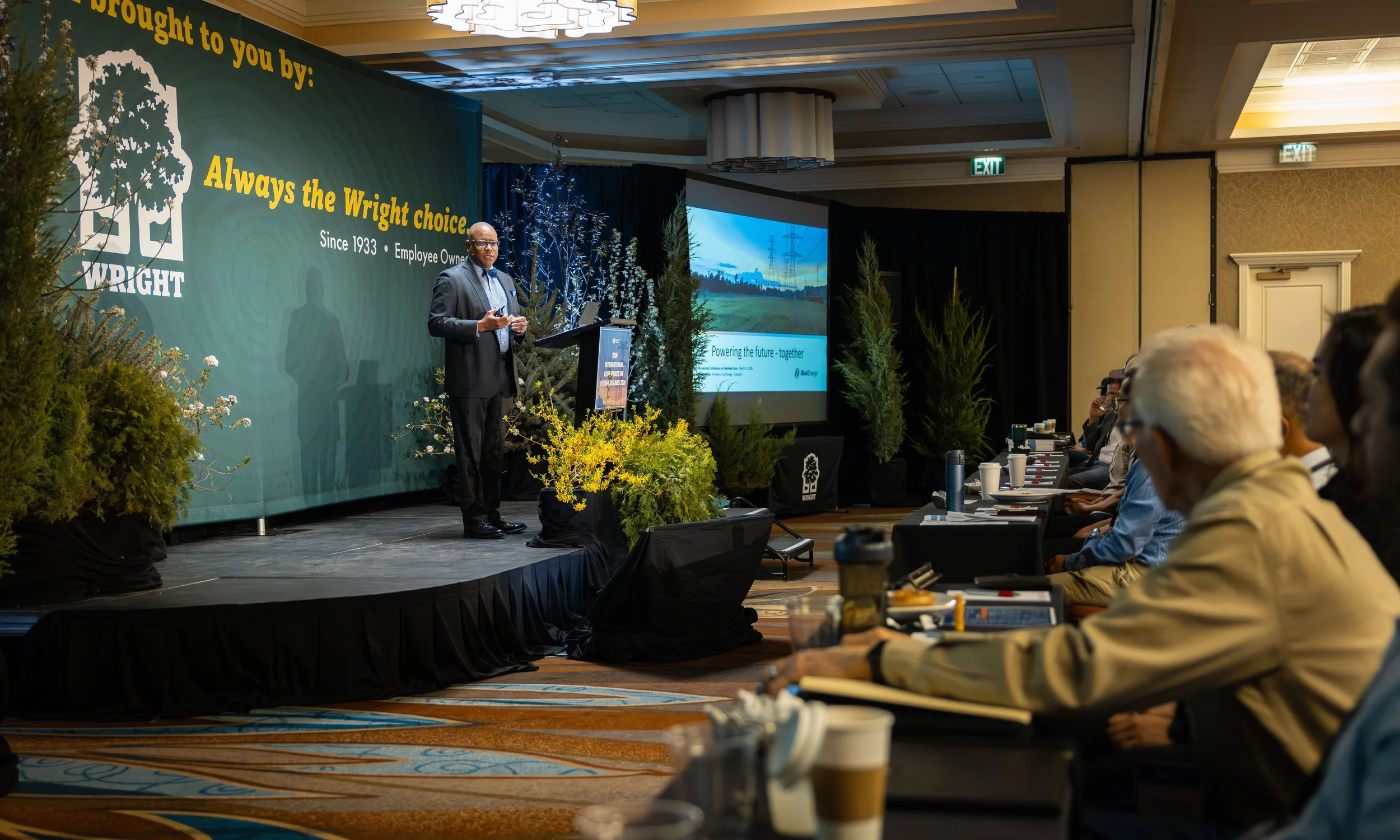 A man in a suit and glasses stands on a stage giving a presentation to an audience at a conference. The stage is decorated with green plants and a large screen behind him displays a landscape image. The background features a banner with the Wright co