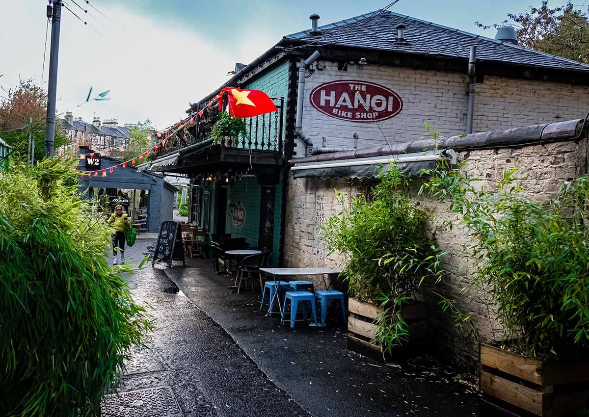 Image of Hanoi Bike Shop in Ruthven Lane, Glasgow. Viewable on the Shutter Scotland 'Glasgow West End Lanes' photo walk.
