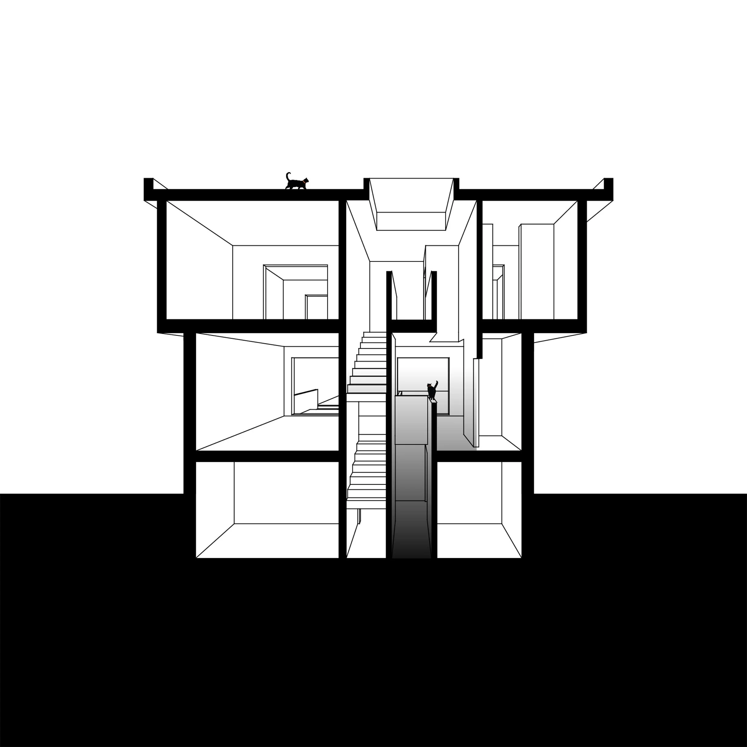 Cross-section black and white illustration of a multi-story house showing stairs, rooms, and a cat on the roof.