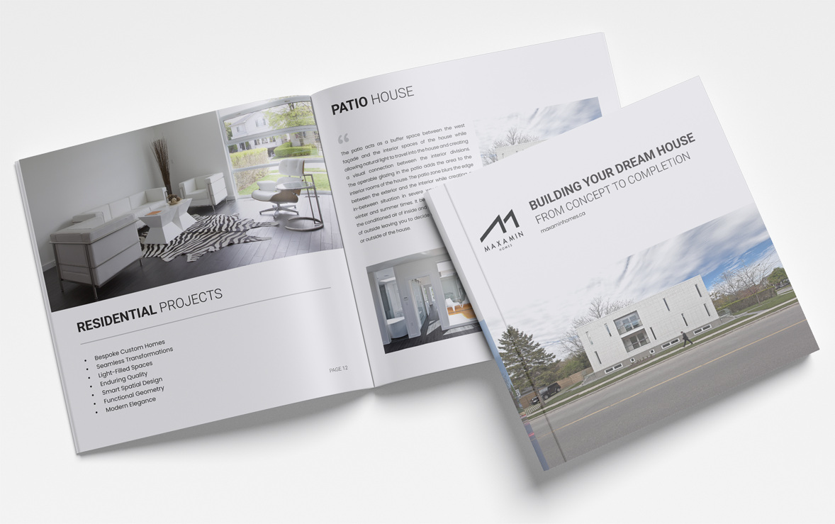 Brochure for Maxamin Homes featuring images of a modern white house exterior and interior living room with white furniture and decor.