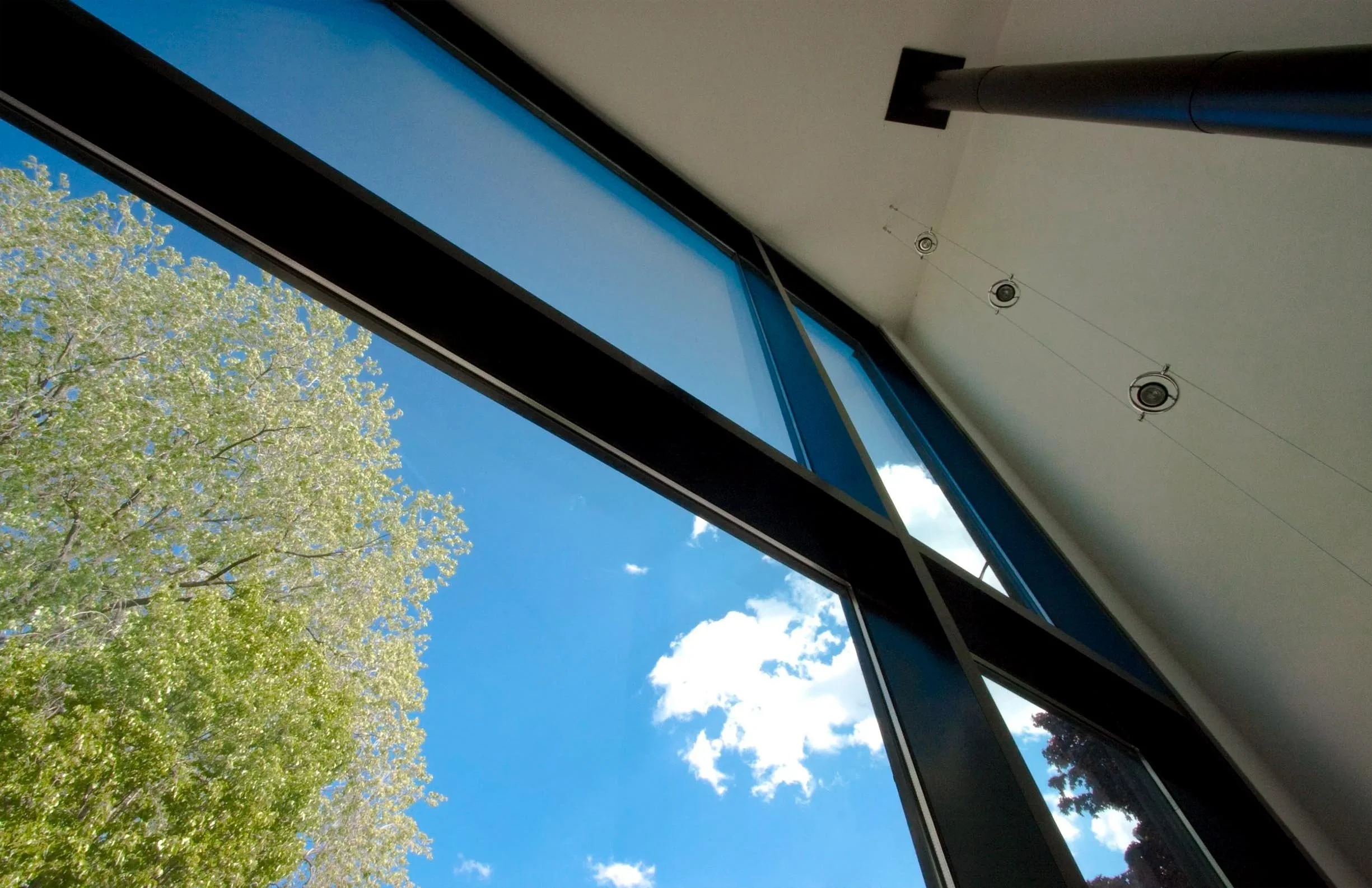 63˚ House, interior view in East York, Toronto, built by Maxamin Homes, looking up through large glass windows at blue sky and leafy green tree outside.