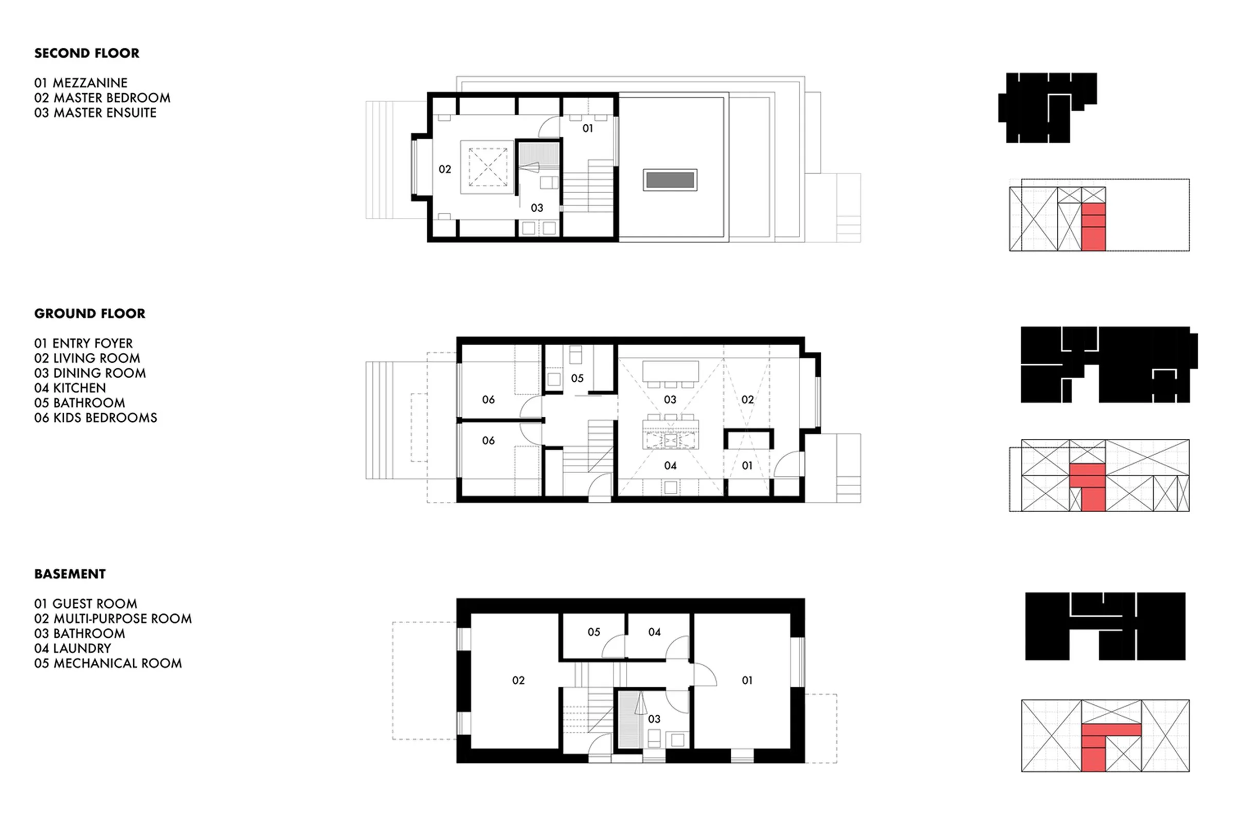 Floor plans of a house with labeled rooms for second floor, ground floor, and basement, each with a legend indicating room names and numbers. Side diagrams show the layout outline with red section highlighting specific areas.