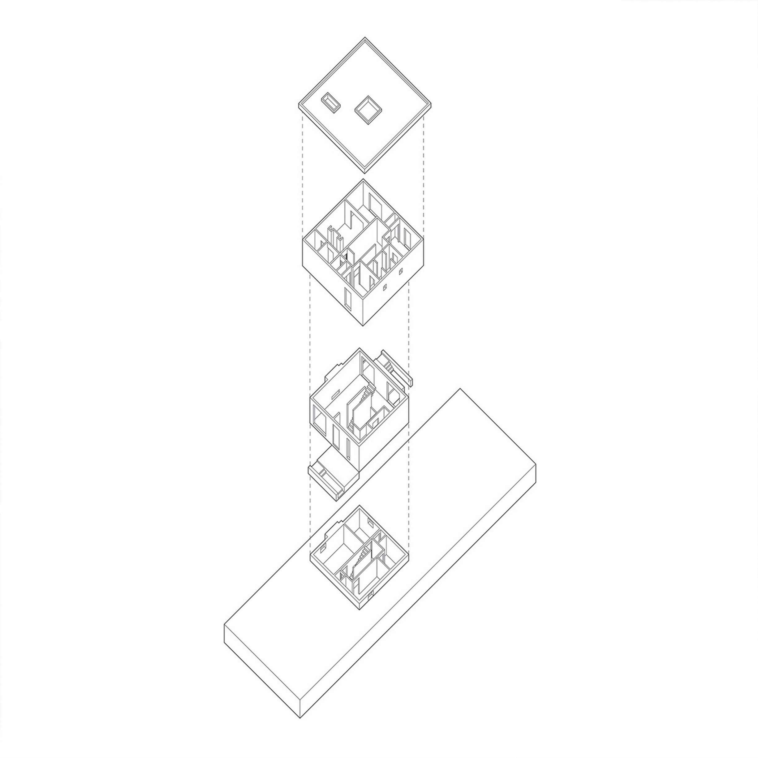 A black-and-white exploded axonometric drawing of a four-story house, showing the roof, second floor, first floor, and foundation, with detailed architectural layout for each level.