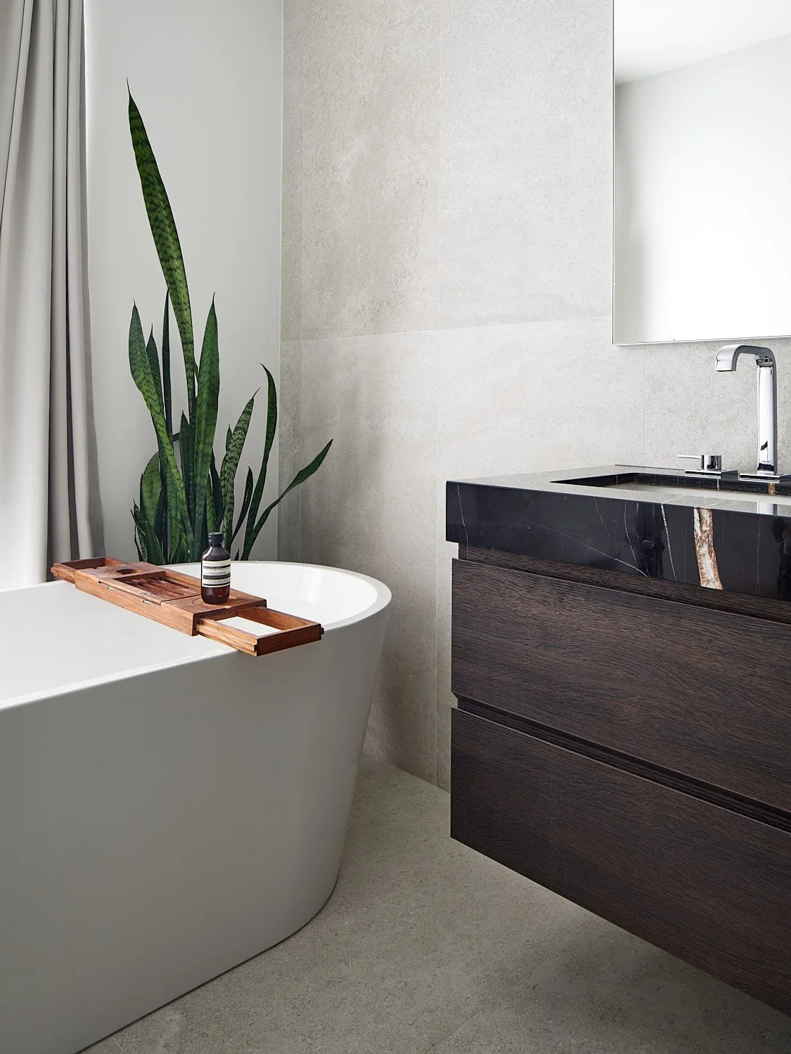 Romeo’s House bathroom in Etobicoke, Toronto, built by Maxamin Homes, featuring freestanding tub, wood vanity with black marble top, and green houseplant.