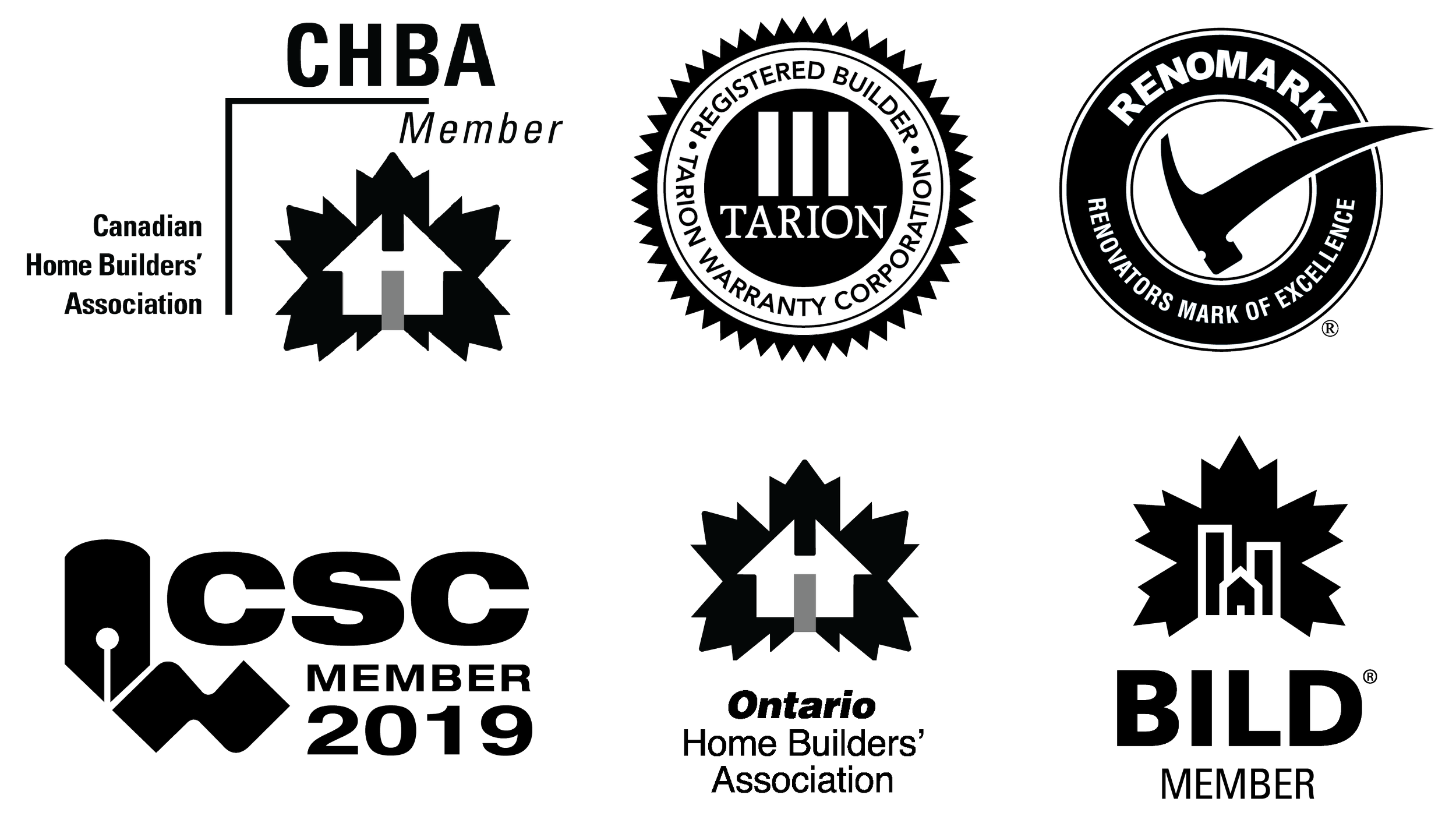 Collection of logos and badges from home builder and construction associations in Ontario, including the Canadian Home Builders' Association, Tarion Warranty Corporation, Renomark, Ontario Home Builders' Association, and BILD.