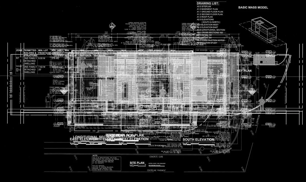 A detailed blueprint drawing of a building's foundation, structure, and elevations, including notes, measurements, and labels for construction.