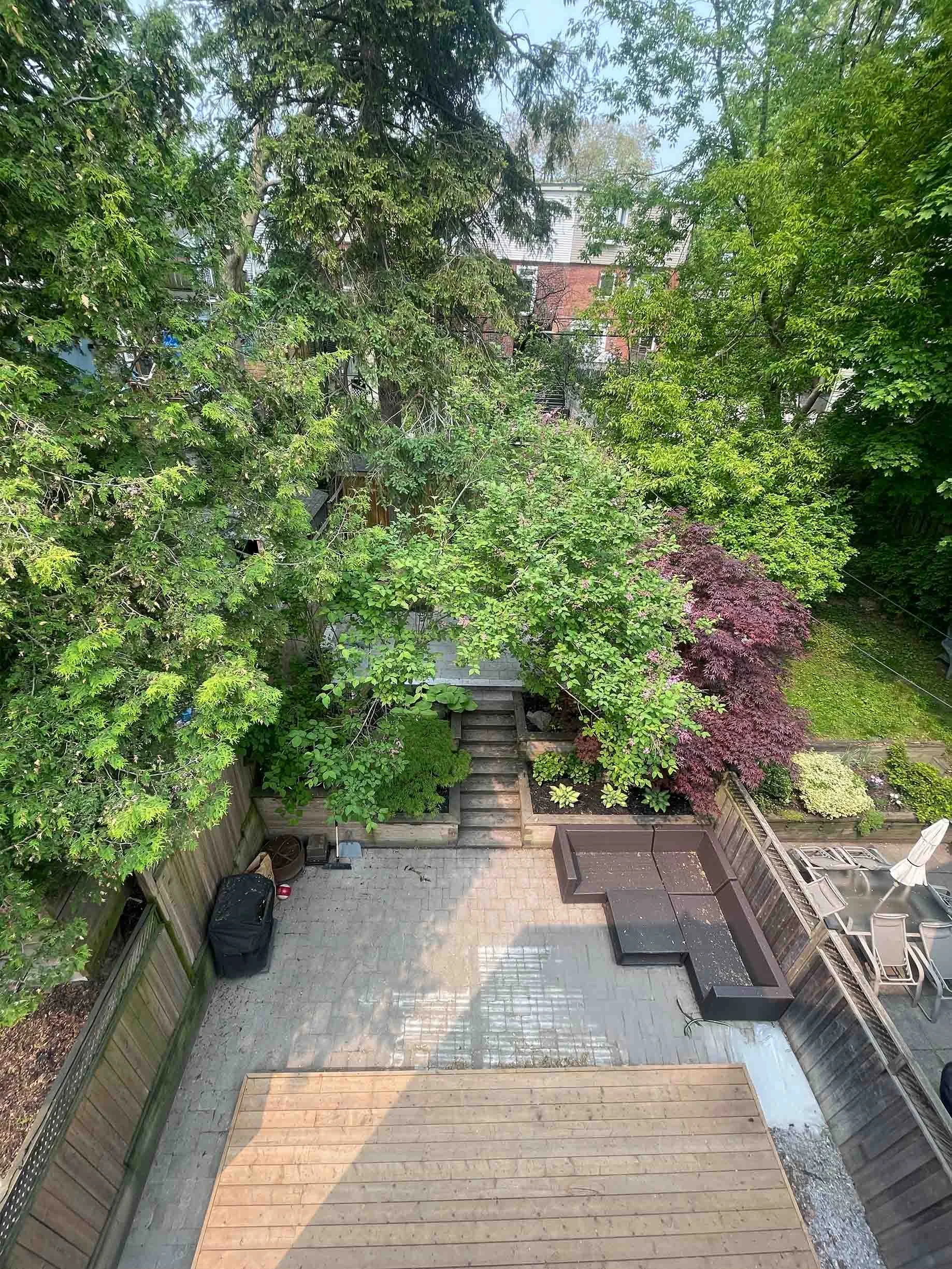 View of a backyard with a paved patio, outdoor furniture, a small staircase, and lush green trees and shrubs, with a partial view of neighboring buildings in the background.