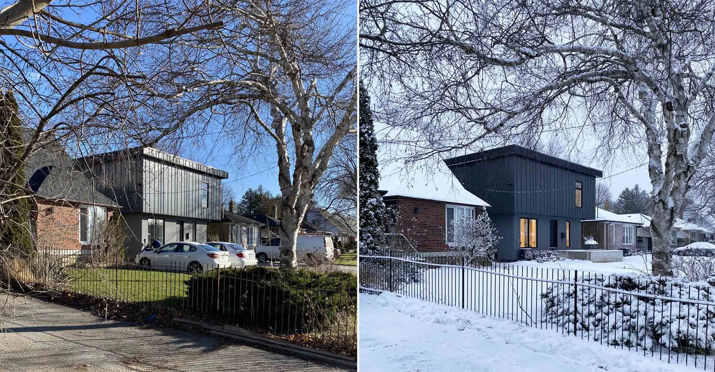 Albers House, a modern two-story home addition in Scarborough, Toronto, built by Maxamin Homes, with black upper level, gray base in summer and winter view