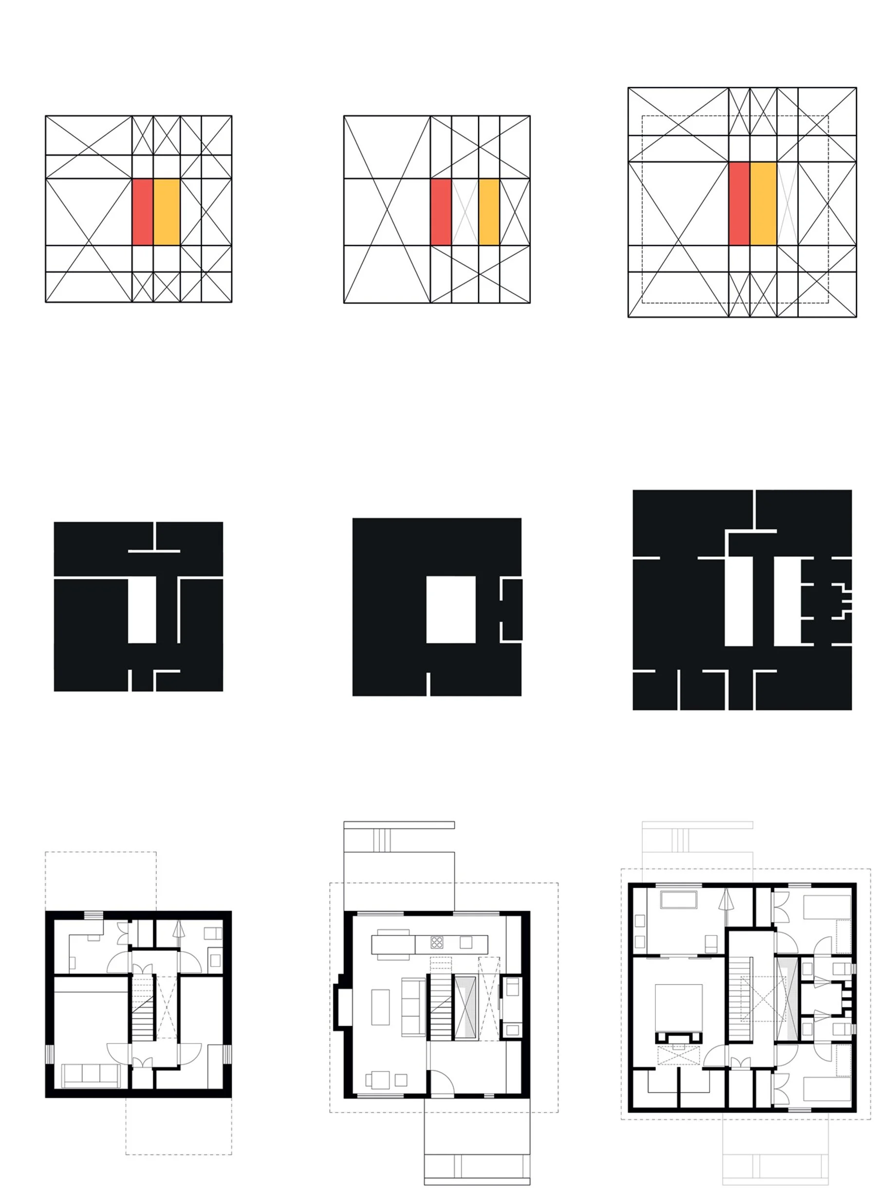 A collage of architectural design diagrams, floor plans, and structural schematics for a building project, including three structural framing images at the top, followed by three floor plans at the bottom.