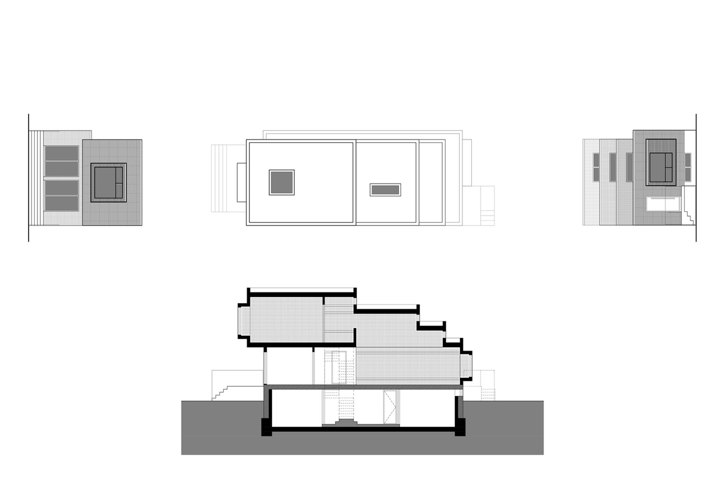 Architectural plans of a modern multi-story house, including top-down, elevation, and sectional views.
