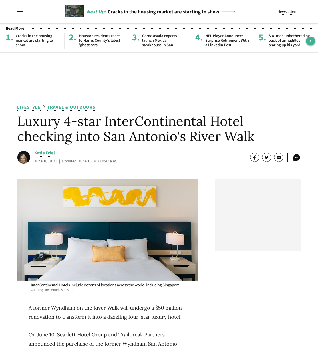 Luxury 4-star InterContinental Hotel checking into San Antonio's River Walk