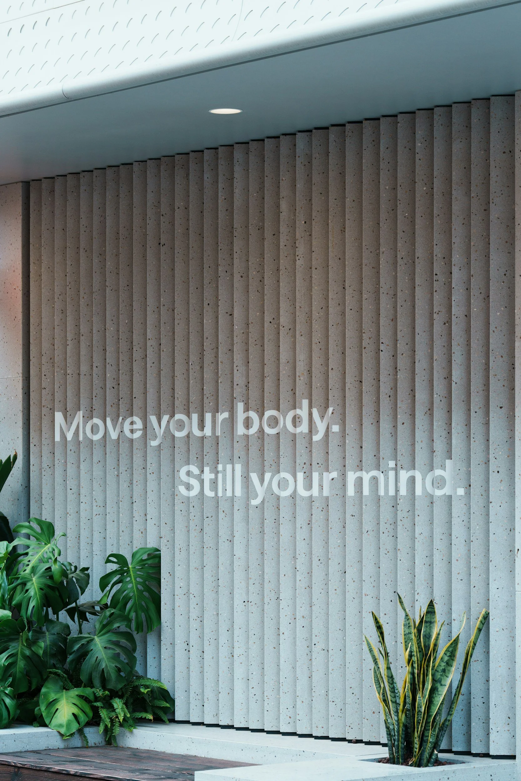 Modern interior with vertical concrete slats and green plants, featuring white text that reads, 'Move your body. Still your mind.'