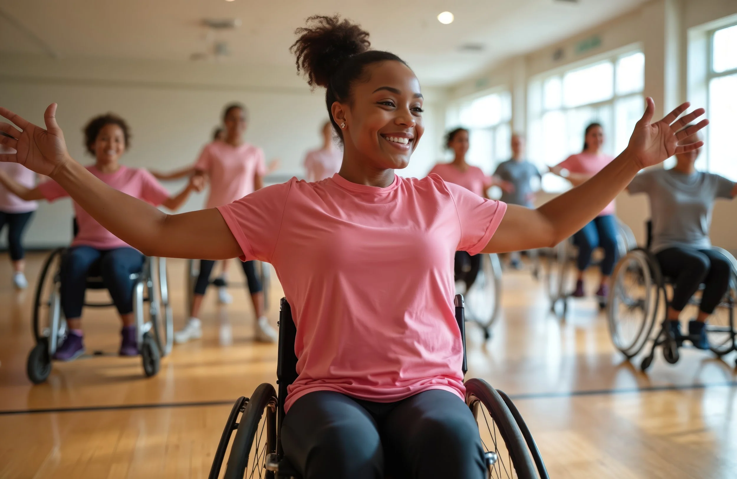 A diverse group of women, some in wheelchairs, participating in a fitness or dance class indoors, with bright natural light coming through large windows.