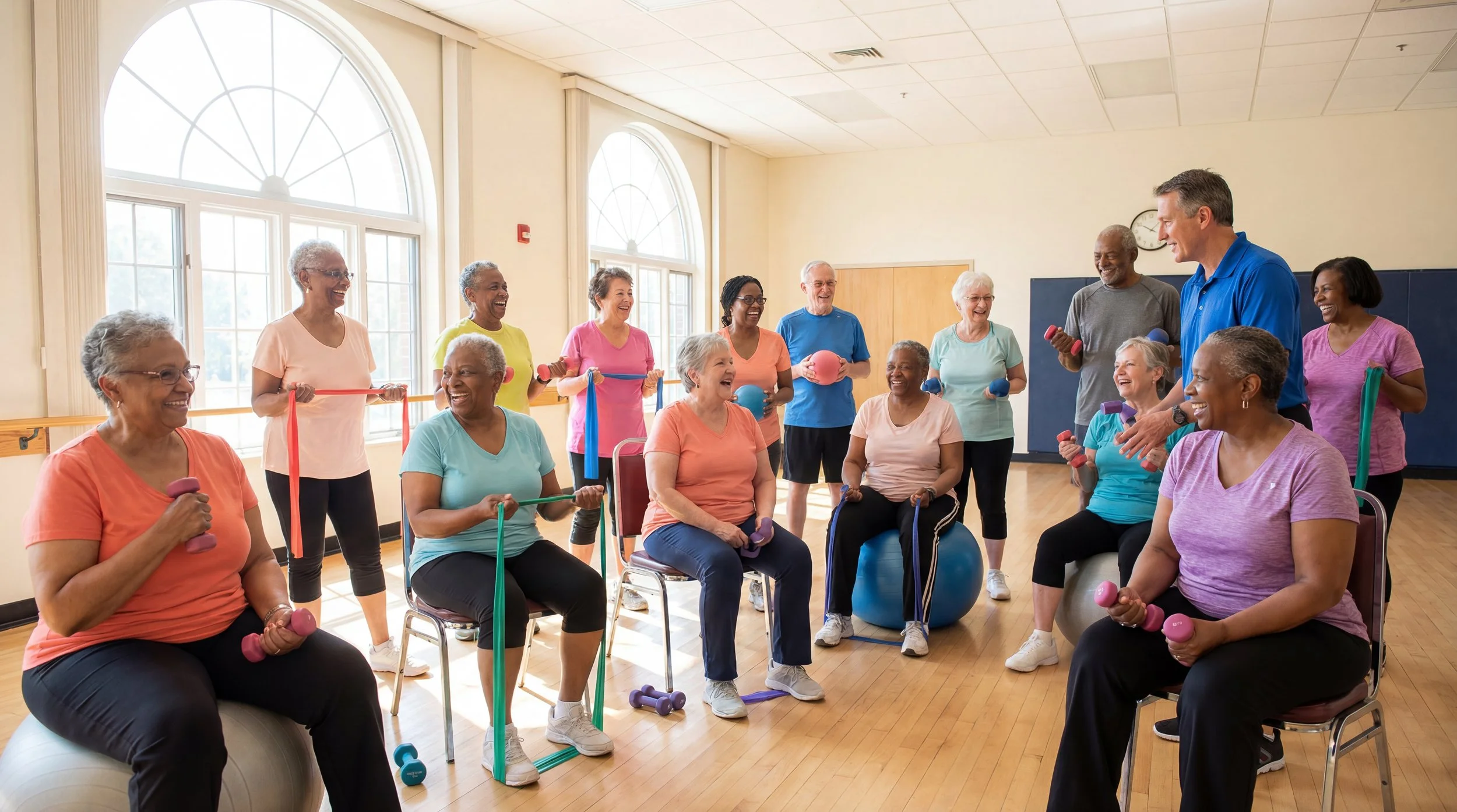 A diverse group of elderly individuals participating in a seated exercise class with a male instructor leading the session in a brightly lit room with large arched windows.