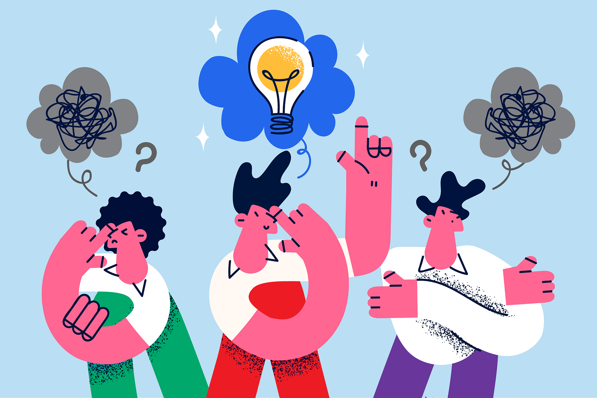 Three cartoon characters are thinking and pointing upwards, with one character having a lightbulb above their head. The characters have messy cloud-like thought bubbles above their heads.