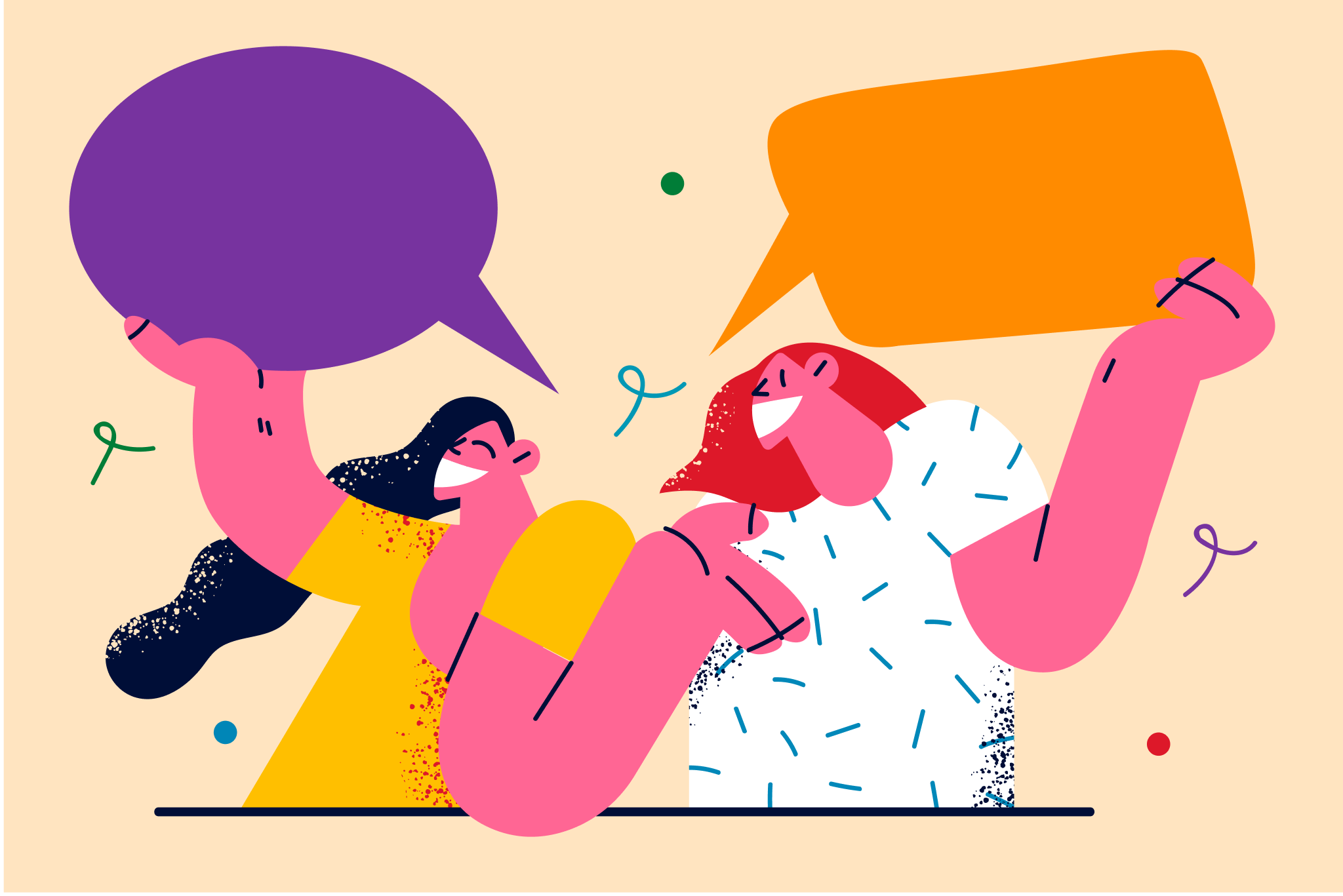 Two women with pink skin and dark and red hair are smiling and holding speech bubbles and a cardboard box, engaging in a lively conversation or laughter.