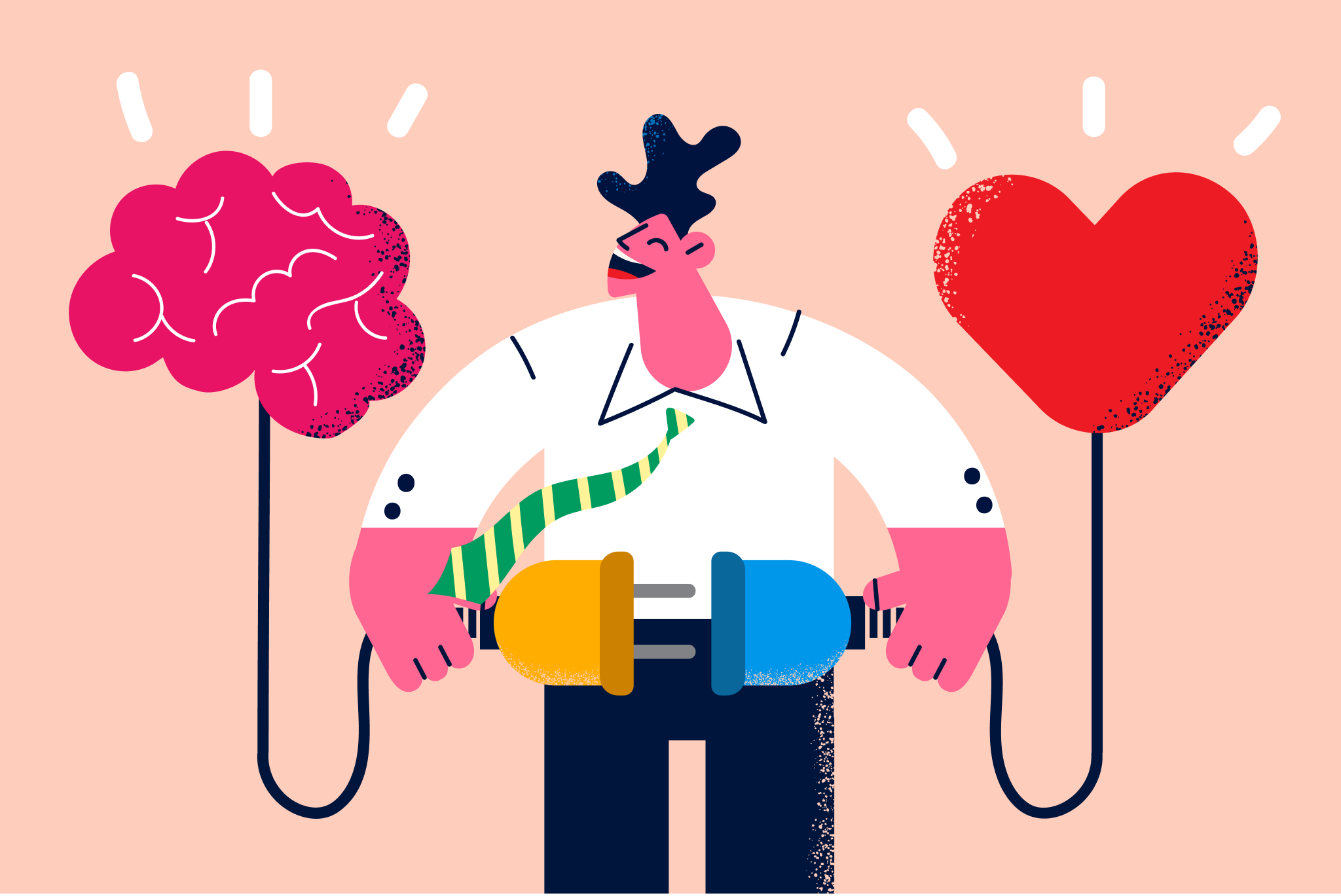 A cartoon man with a pink face and dark blue hair, wearing a white shirt with pink sleeves, a striped green and yellow tie, and dark pants, holding a large blue and yellow power plug. Behind him are a pink brain on the left and a red heart on the right, both with black cords attached to the power plug, against a light peach background.