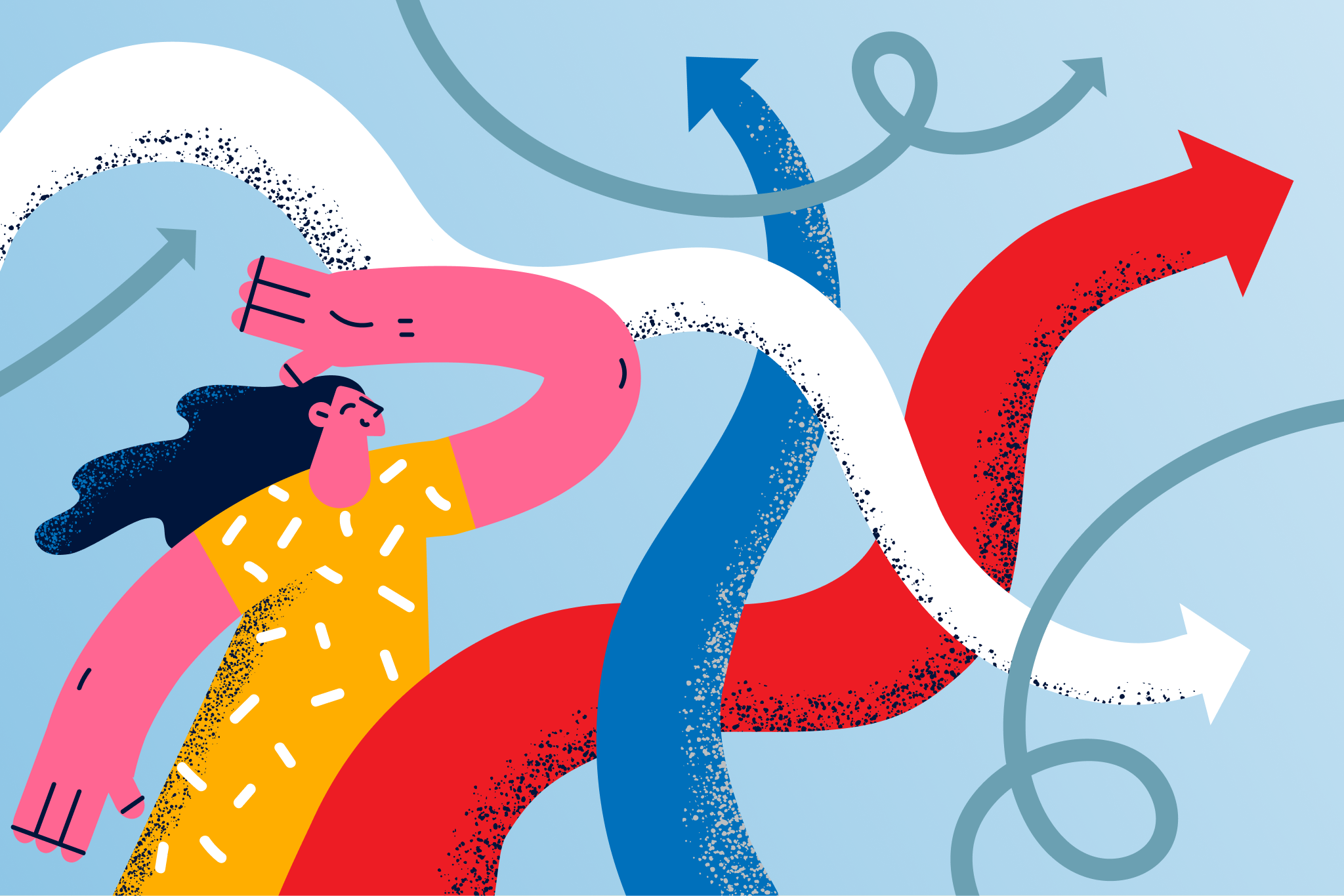 Illustration of a woman with long dark hair, wearing a yellow shirt with white pattern, holding her head and looking stressed. Several curving arrows in blue, red, white, and gray swirl around her, suggesting confusion or complex thoughts.