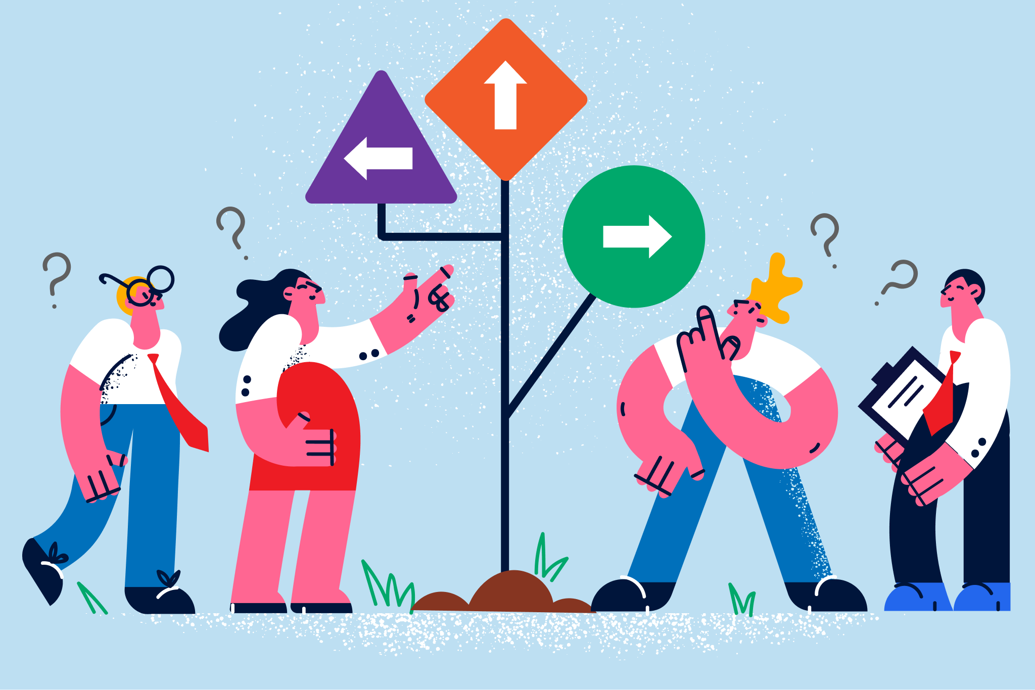 Four cartoon characters standing around a signpost with traffic direction signs; one character appears confused, one pointing and holding a drink, another making a thinking gesture, and the fourth holding a clipboard, all against a light blue background.