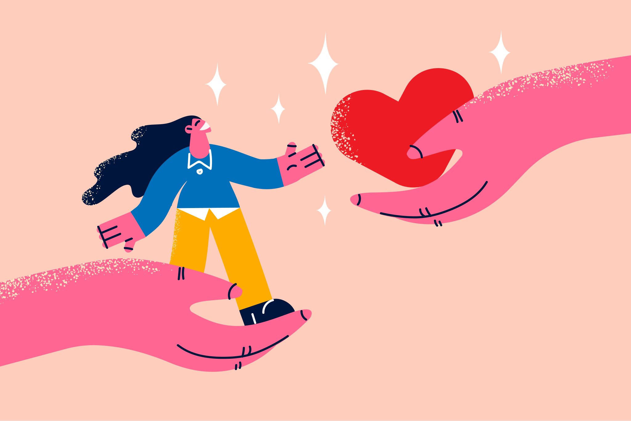 A person with long dark hair, wearing a blue shirt and yellow pants, is reaching out to touch a large pink hand offering a red heart. The background is peach with white sparkling stars.