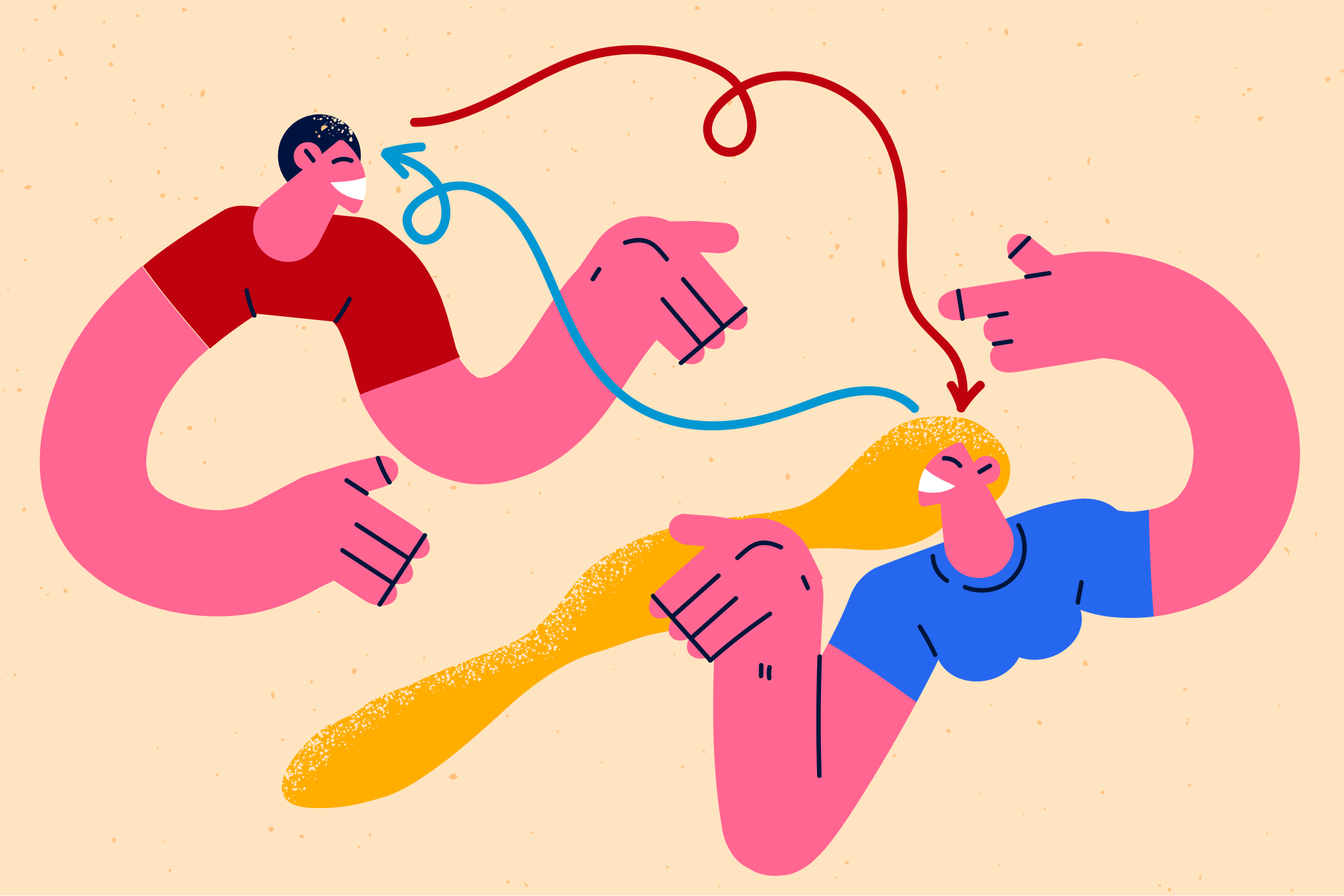 Two cartoon characters, a man and a woman, are pulling on a long, yellow braid of hair with their hands while laughing. There are colorful lines indicating interaction and movement.