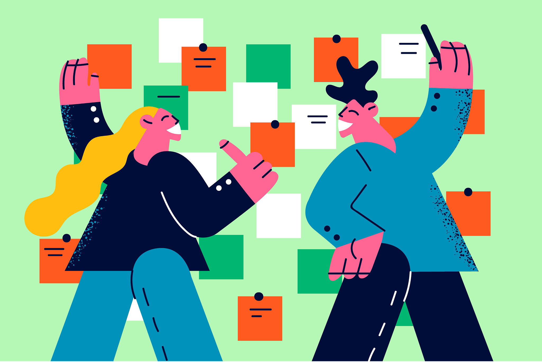 Illustration of two happy people, a woman with long blonde hair and a man with spiky black hair, engaging in a playful conversation with colorful sticky notes on a green wall background.