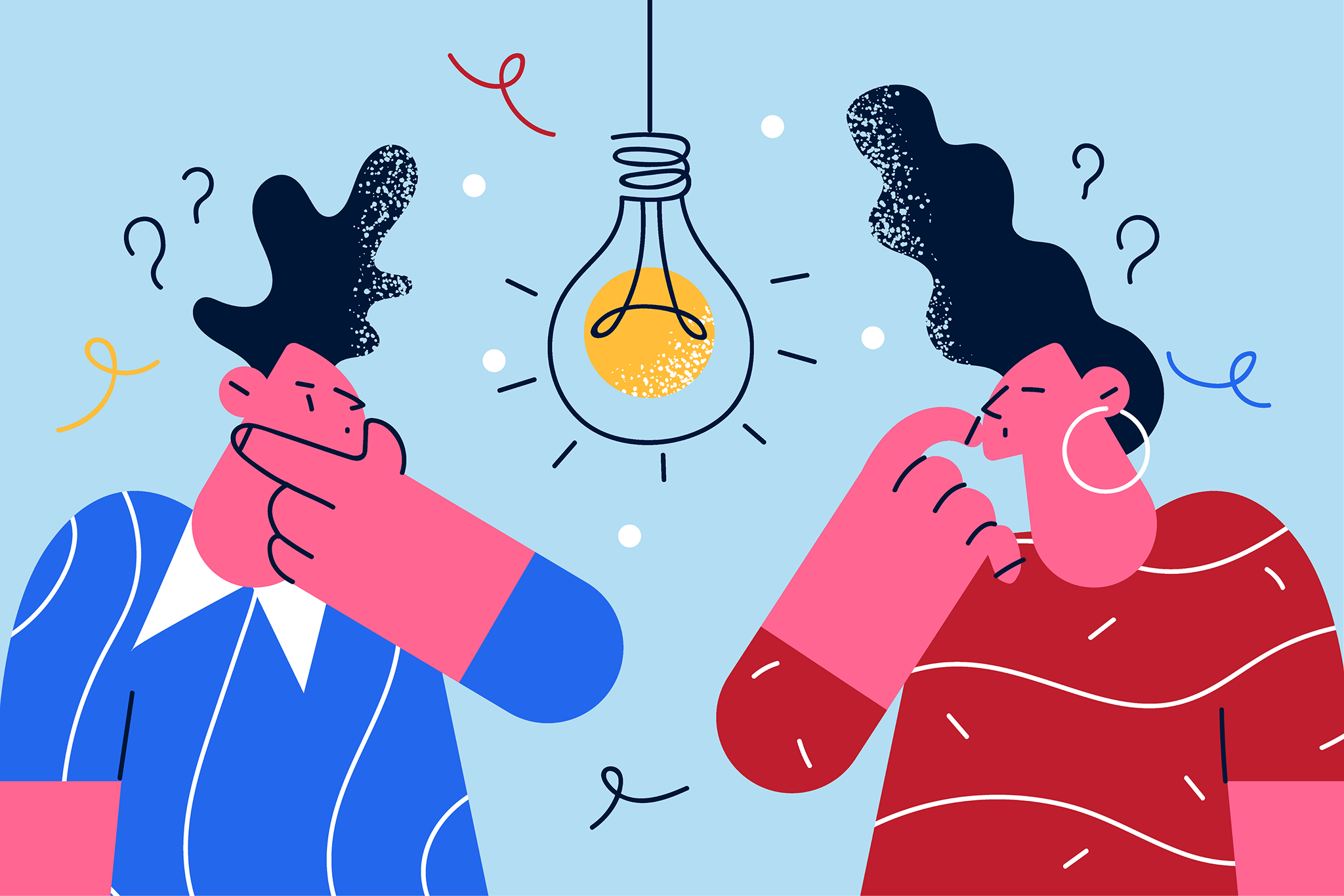 Two women with dark, wavy hair and pink skin debating ideas, with a bright yellow light bulb hanging above them on a light blue background.
