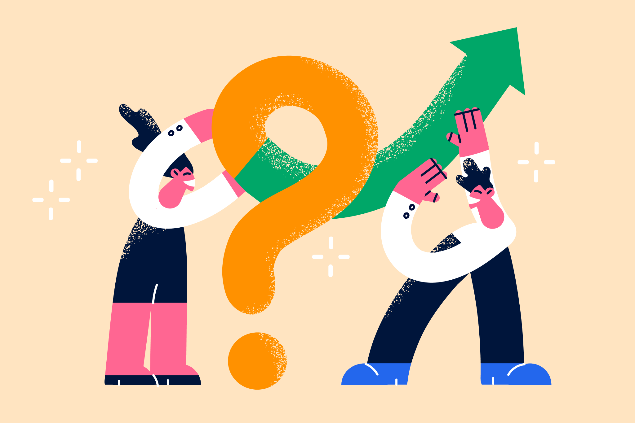 Two cartoon characters holding a large orange and green question mark with an upward arrow, suggesting growth or success.