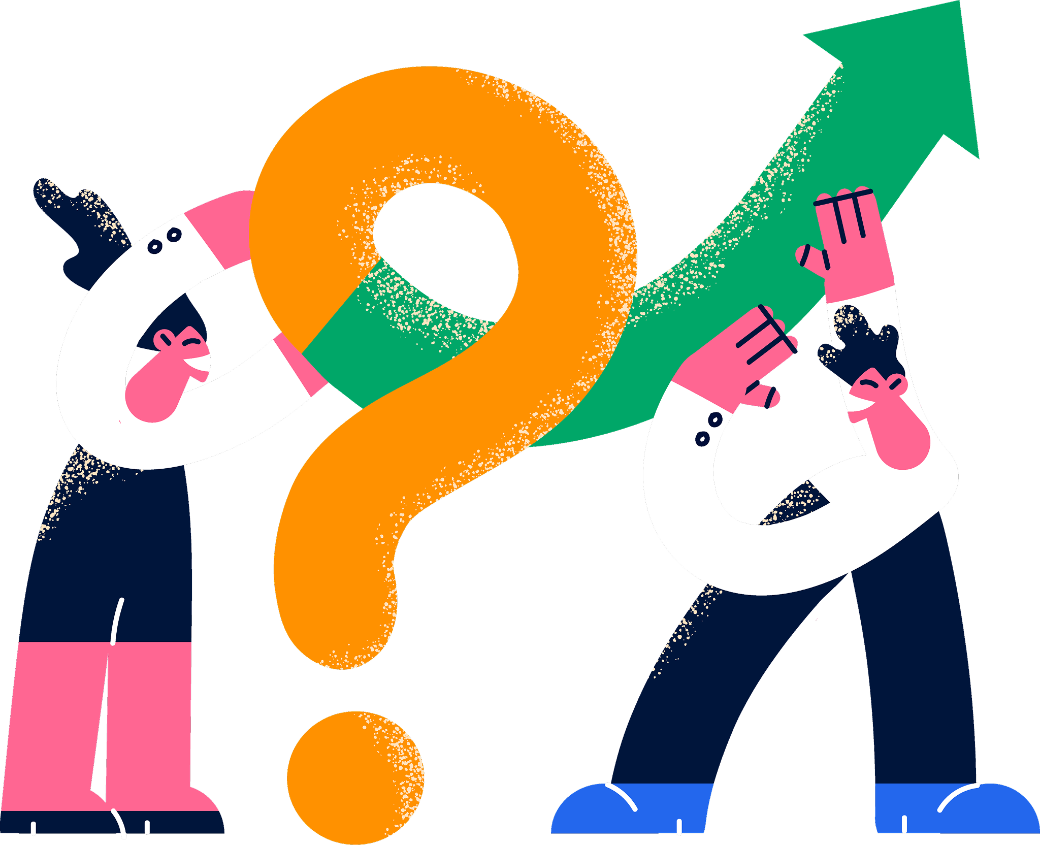 Two cartoon businesspeople, one woman and one man, are holding a large orange question mark with a green arrow pointing upward.