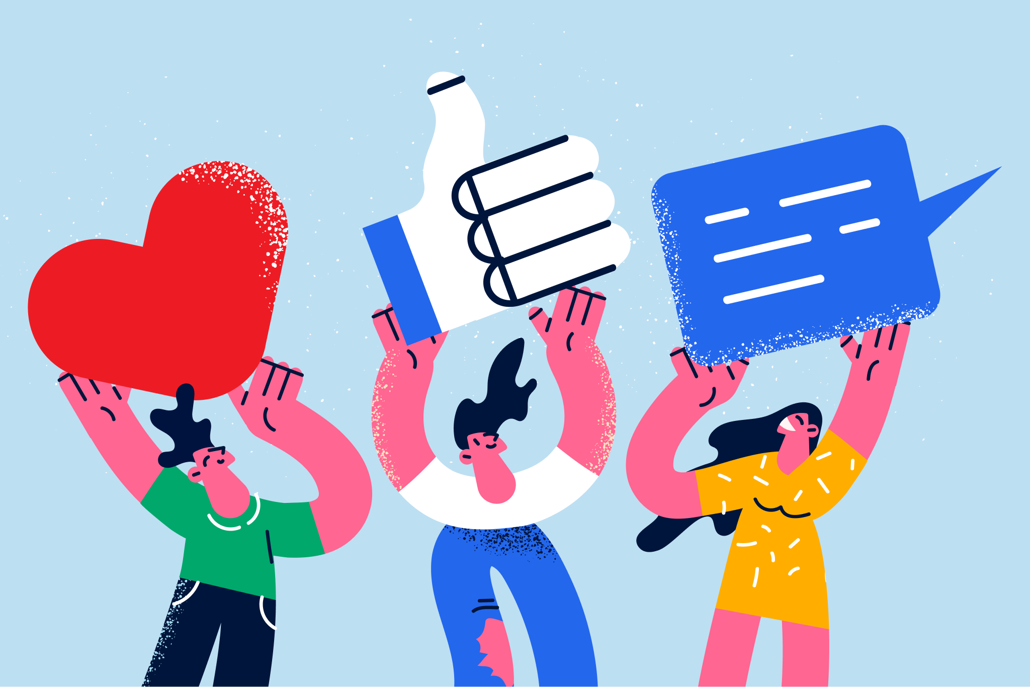 Three animated people holding social icons: a red heart, a thumbs-up, and a speech bubble, on a light blue background.