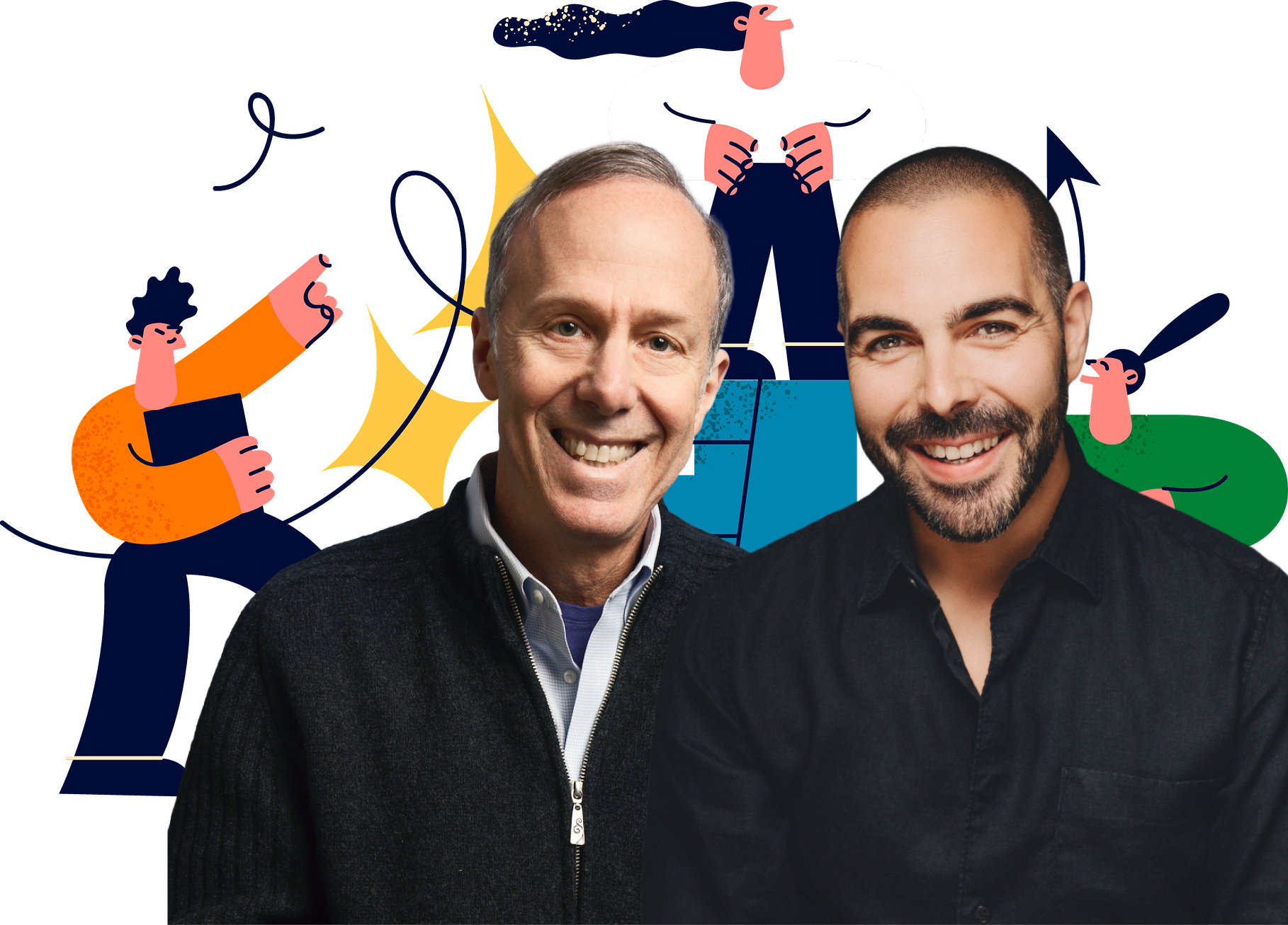 Two smiling men with dark hair, one older and one younger, standing in front of a colorful, abstract background with animated figures.