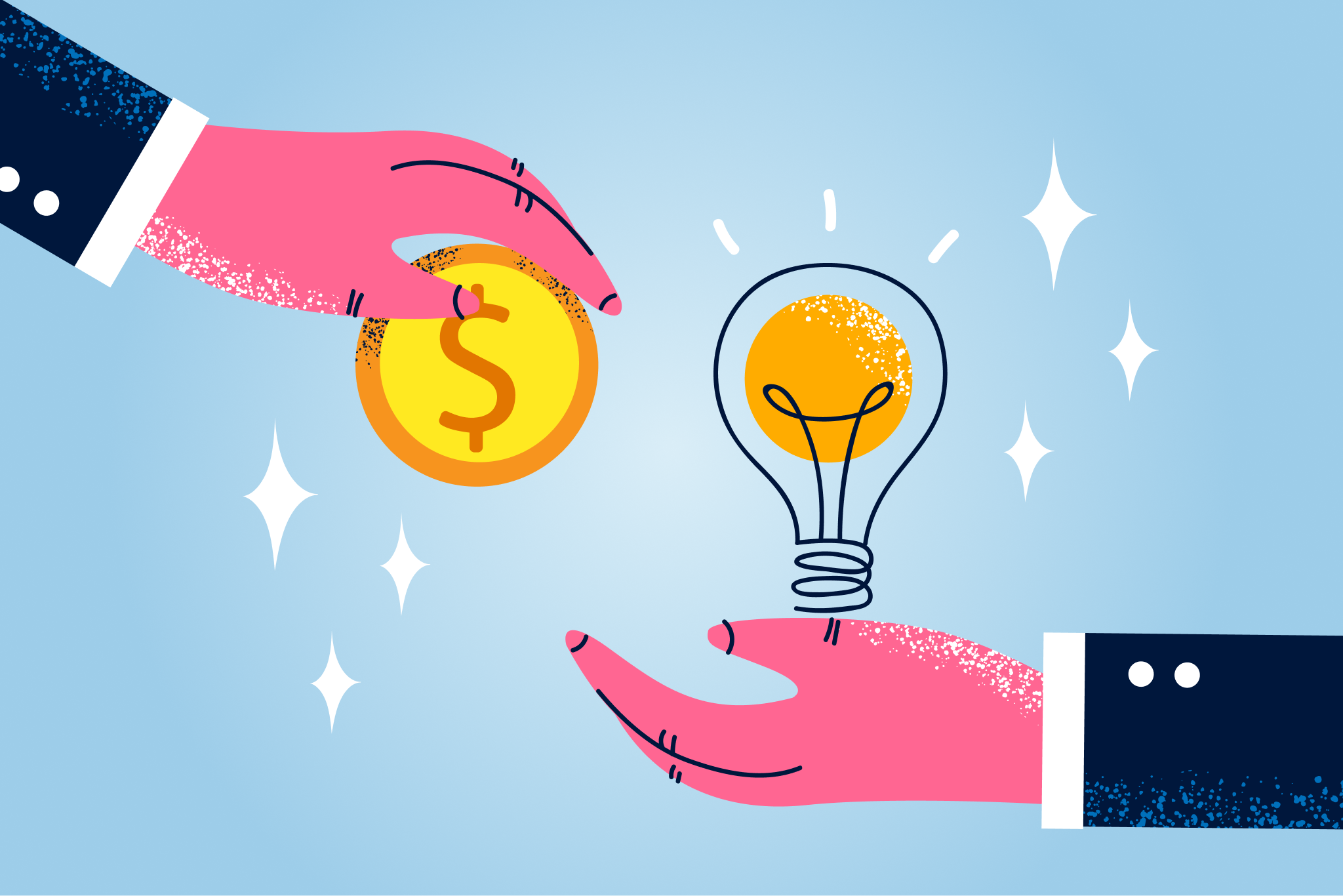 Illustration of two pink hands, one holding a coin with a dollar sign and the other holding a lightbulb with a filament, symbolizing the exchange of money and ideas, with a light blue background and white sparkles.