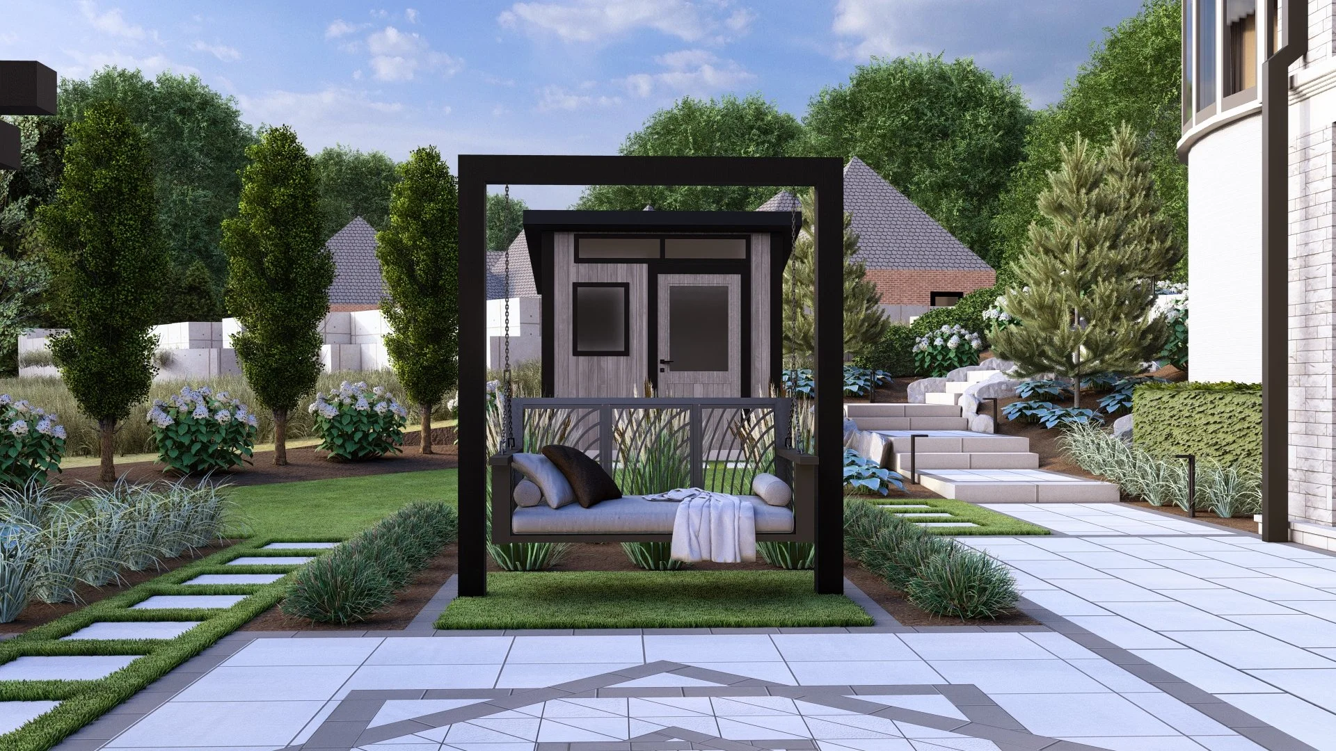Modern backyard landscape with a swing seat, lush green trees, flowering plants, a small garden shed, and a multi-level patio with stairs and a patterned tiled floor under a blue sky with scattered clouds.