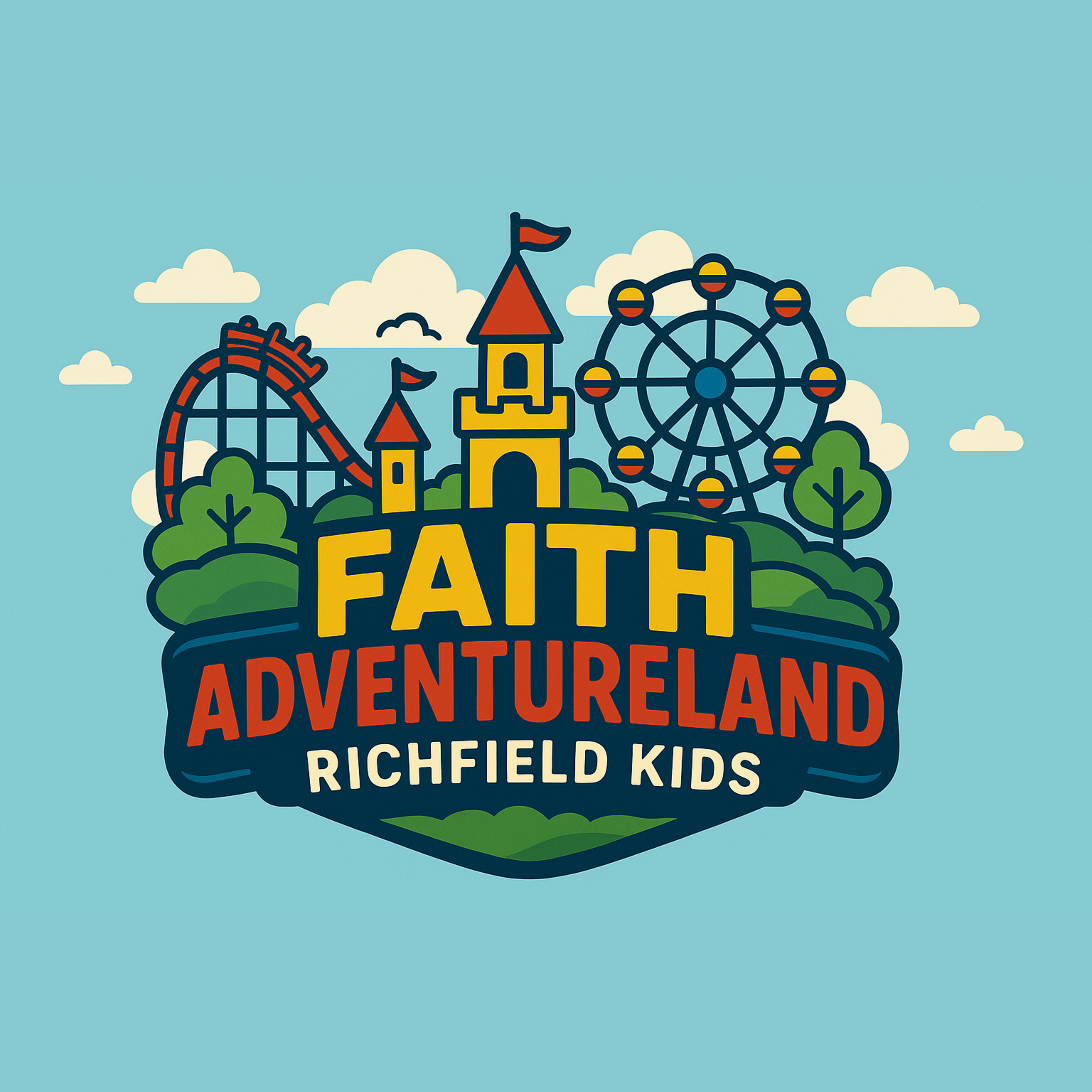Colorful illustration of a castle with tents, a ferris wheel, and trees, representing an amusement park called 'Richfield Kids Adventureland' with a clear blue sky and clouds.