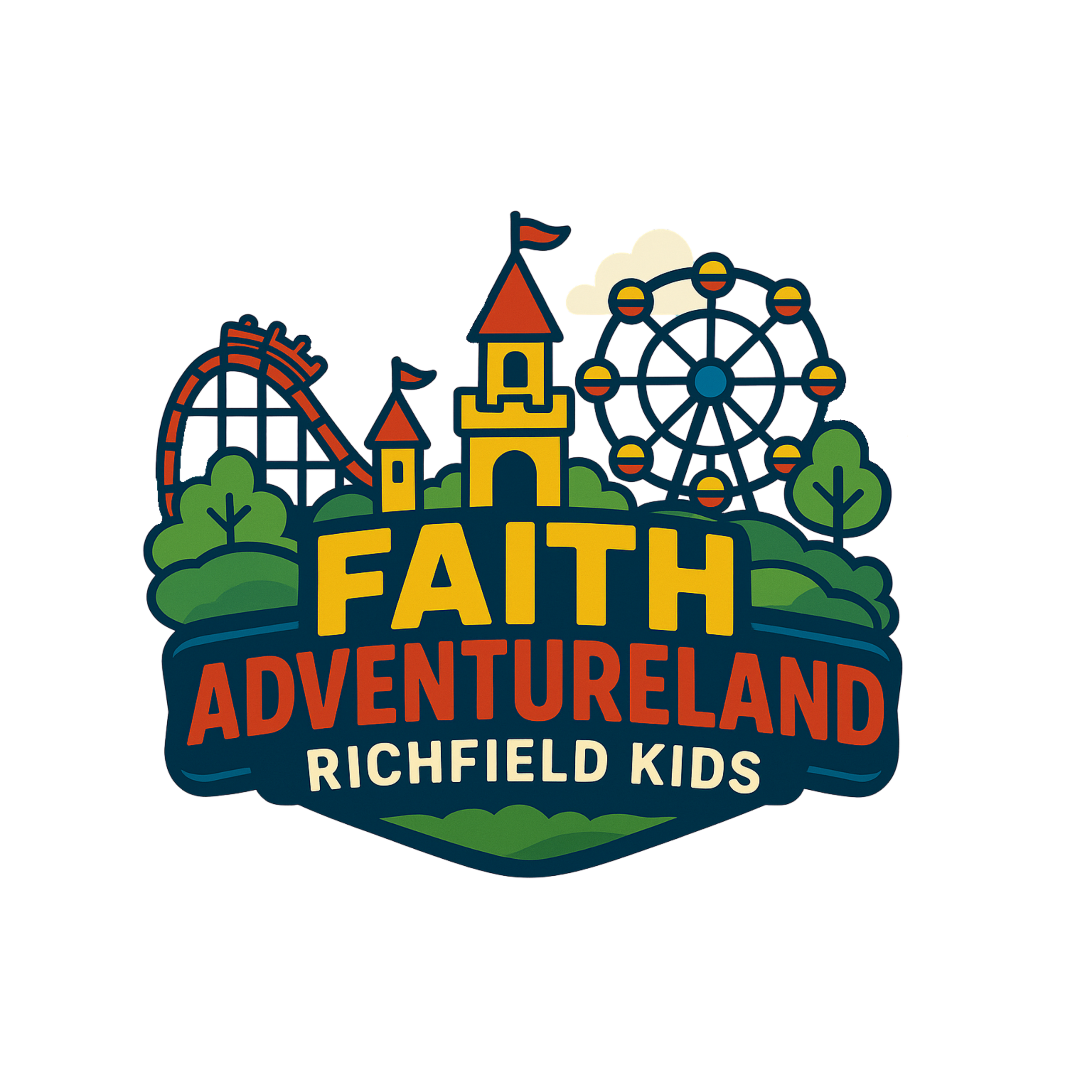 Colorful logo for Earth Adventureland featuring a castle, roller coaster, and Ferris wheel.