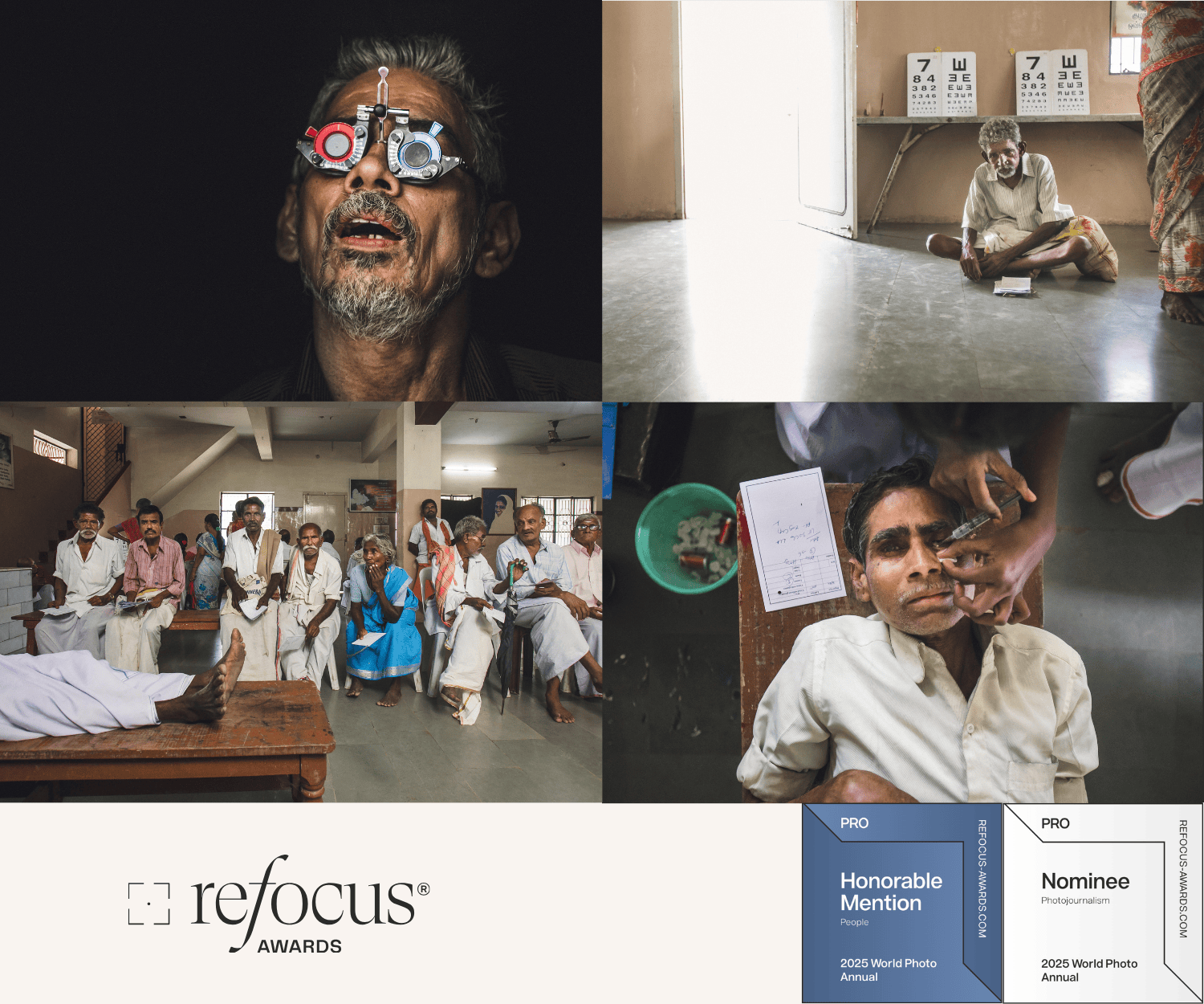 Collage of four photographs related to a medical or community event, featuring elderly people, health procedures, and a group meeting, with an award banner for the ReFocus Awards for the 2025 World Photo Annual.